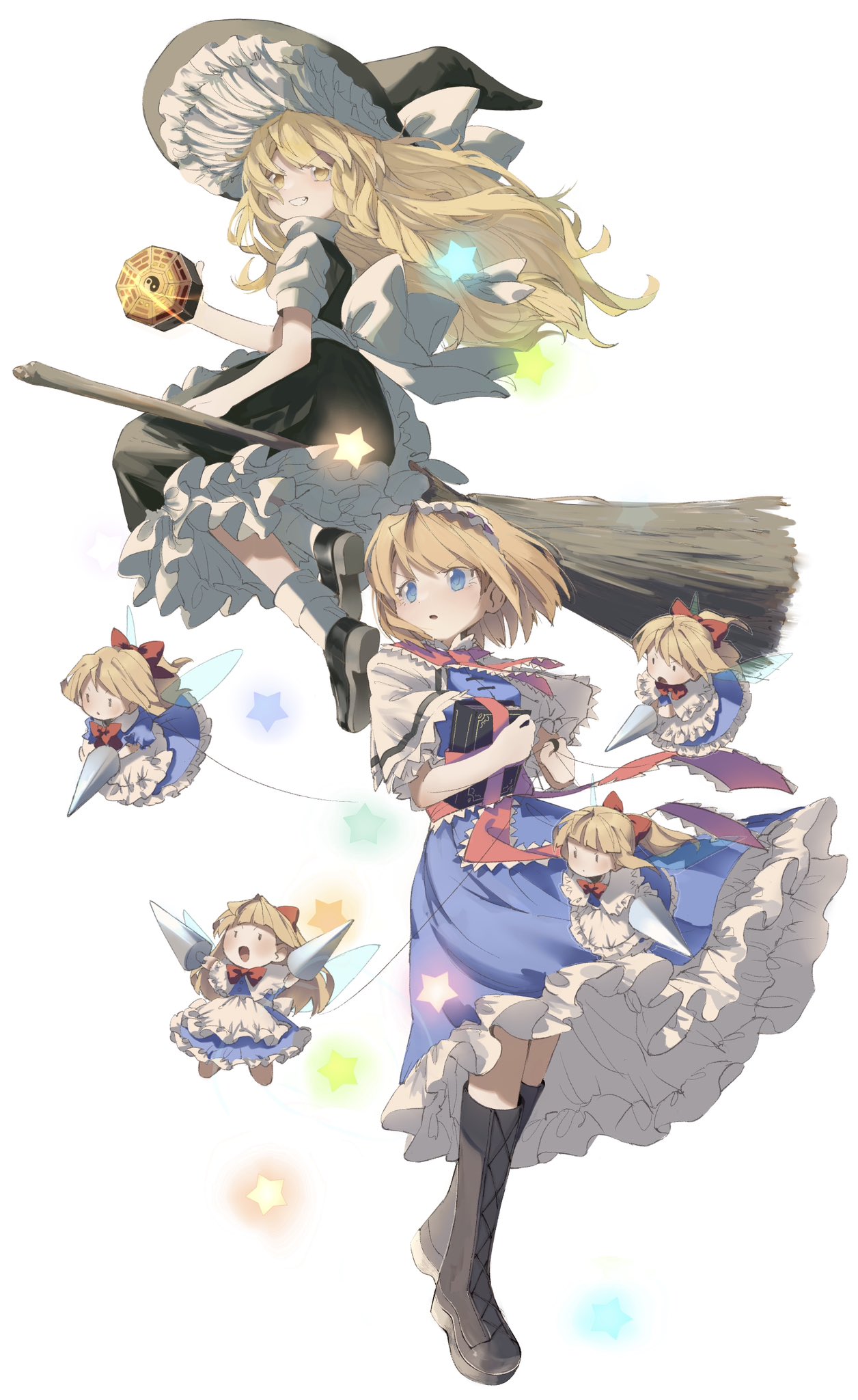 an9vj, alice margatroid, kirisame marisa, shanghai doll, touhou, highres, 2girls, apron, black shoes, blonde hair, blue dress, blue eyes, book, boots, bow, bowtie, braid, broom, broom riding, capelet, doll, dress, flying, frilled dress, frilled hairband, frilled sash, frills, full body, grimoire, grimoire of alice, grin, hair bow, hairband, hat, hat bow, holding, holding book, jewelry, lace-up boots, lance, lolita hairband, long hair, mini-hakkero, multiple girls, open mouth, petticoat, polearm, puffy short sleeves, puffy sleeves, puppet rings, puppet strings, red bow, red bowtie, red ribbon, ribbon, ring, sash, shirt, shoes, short hair, short sleeves, sidesaddle, simple background, single braid, smile, socks, star (symbol), weapon, white background, white bow, white capelet, witch hat, yellow eyes