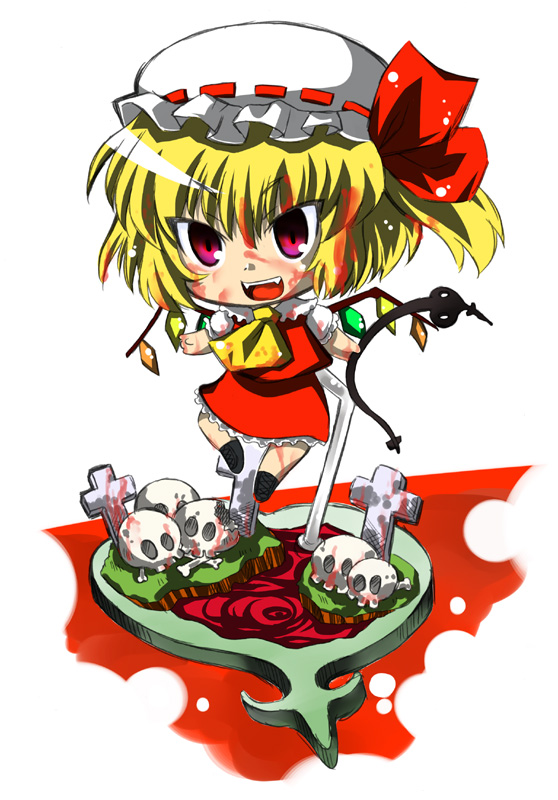 marusuke, flandre scarlet, touhou, 1girl, blonde hair, blood, blouse, chibi, female focus, hair between eyes, hat, mob cap, one side up, ponytail, red eyes, shirt, short hair, side ponytail, solo, white hat, white shirt, wings