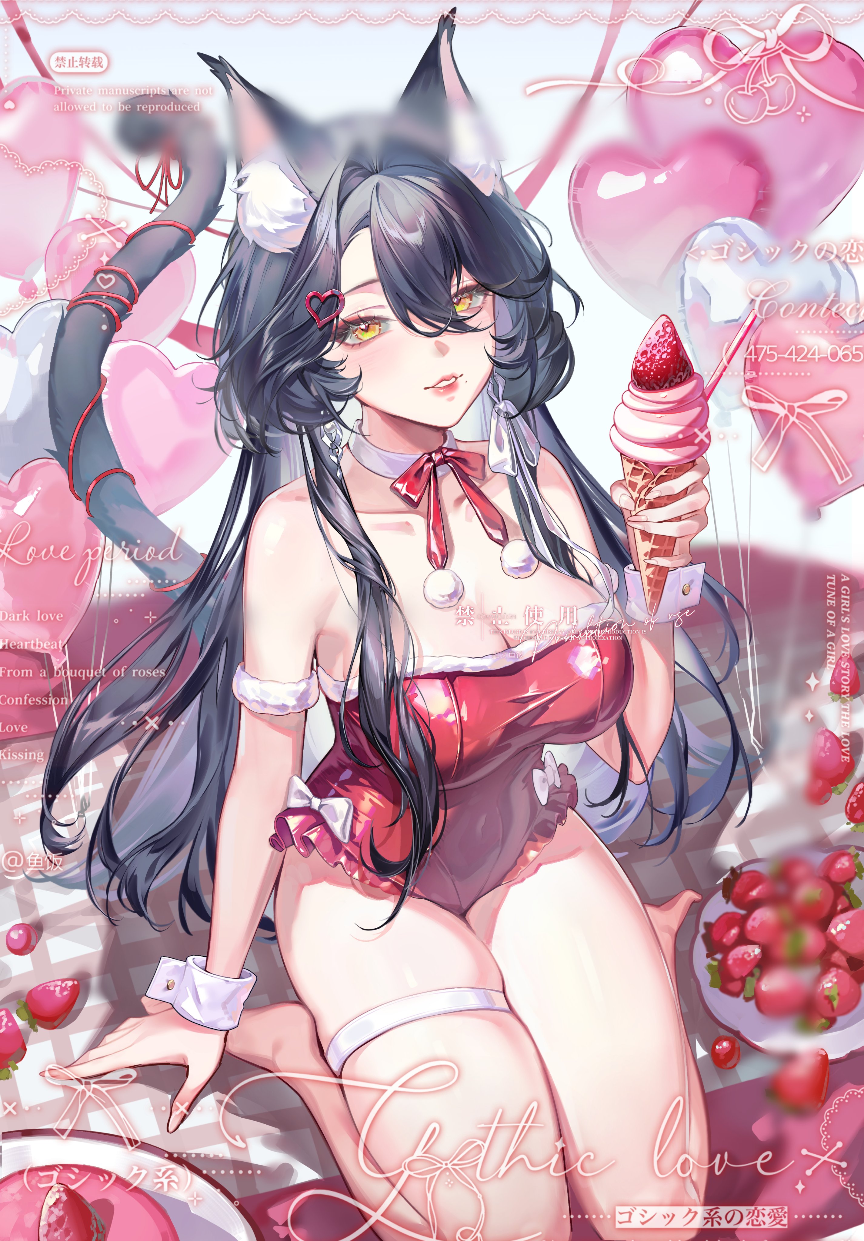 shanwenyufan, original, absurdres, chinese commentary, commentary request, commission, highres, 1girl, animal ear fluff, animal ears, armband, balloon, bare legs, bare shoulders, barefoot, black hair, blue background, bow, bowtie, breasts, buttons, cat ears, cat girl, cat tail, cleavage, collar, collarbone, detached collar, eyelashes, feet, food, fruit, full body, fur-trimmed leotard, fur trim, hair between eyes, hair bow, hair ornament, hairclip, happy, heart, heart balloon, heart hair ornament, holding, holding food, holding ice cream, holding ice cream cone, ice cream, ice cream cone, kneeling, large breasts, leotard, lipstick, long hair, long hair between eyes, long sidelocks, looking at viewer, makeup, on table, parted lips, pink lips, plate, playboy bunny, pom pom (clothes), red bow, red bowtie, red leotard, red ribbon, ribbon, sample watermark, shadow, sidelocks, skindentation, smile, solo, strapless, strapless leotard, strawberry, table, tail, tail ornament, tail ribbon, teeth, thigh strap, tight clothes, too many watermarks, very long hair, watermark, wavy hair, white armband, white bow, white collar, white wrist cuffs, wrist cuffs, yellow eyes
