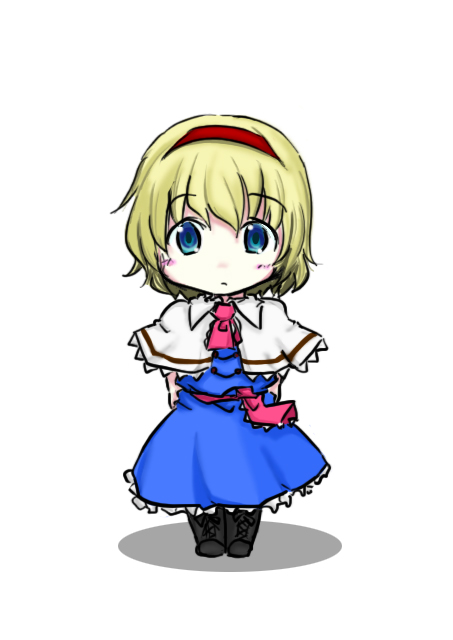 lysander z, alice margatroid, touhou, 1girl, blonde hair, blue eyes, female focus, full body, hairband, short hair, simple background, solo, standing, white background