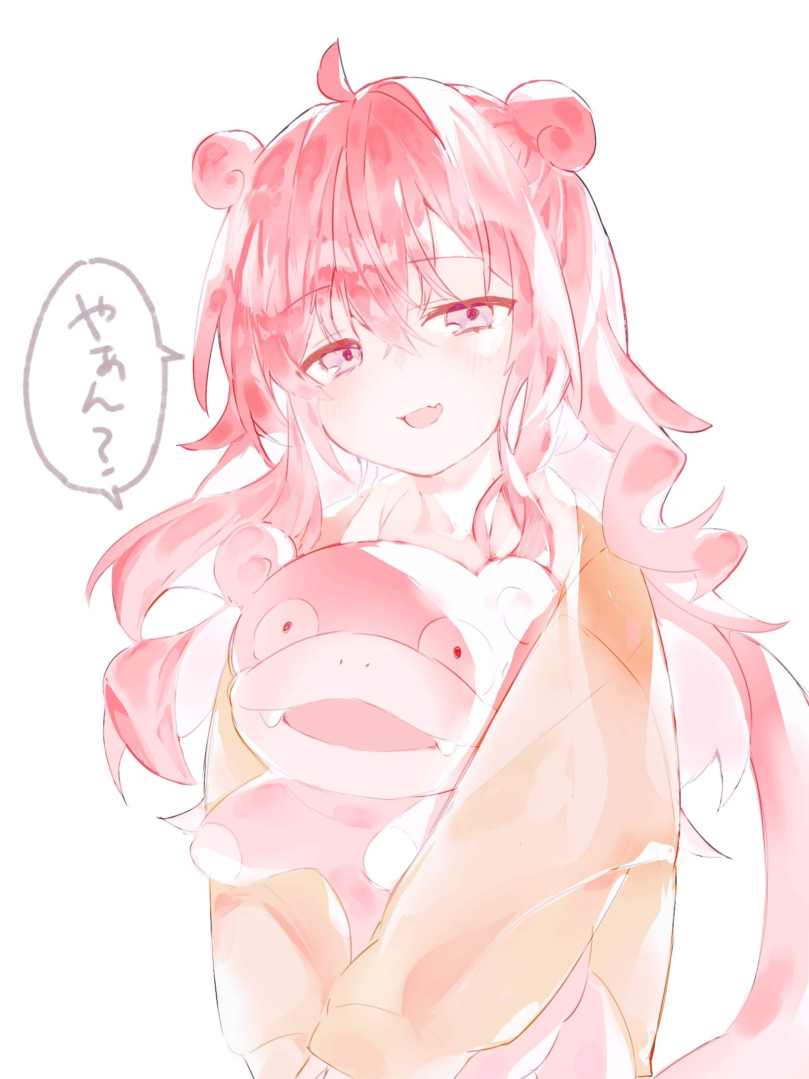 gyaru slowpoke (shin no tenpii), slowpoke, nintendo, pokemon, commentary request, highres, translation request, 1girl, ahoge, borrowed design, creature and personification, crossed bangs, fang, fangs, gen 1 pokemon, gyaru, holding, holding pokemon, kogal, long hair, looking at viewer, messy hair, oekaki yaruzeee, open mouth, personification, pink hair, pokemon (creature), pokemon tail, skin fang, slowpoke tail, speech bubble, tail, white background