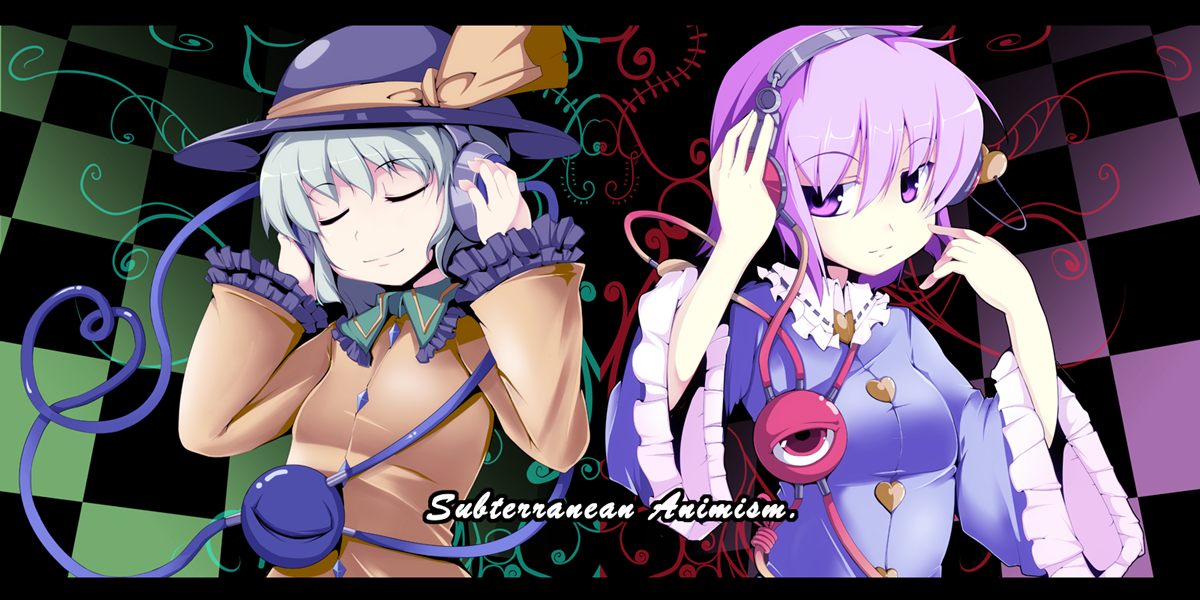 fujy, komeiji koishi, komeiji satori, touhou, 2girls, closed eyes, female focus, green hair, hairband, hat, headphones, heart, heart of string, multiple girls, one eye closed, purple eyes, purple hair, short hair, siblings, sisters, third eye, wink