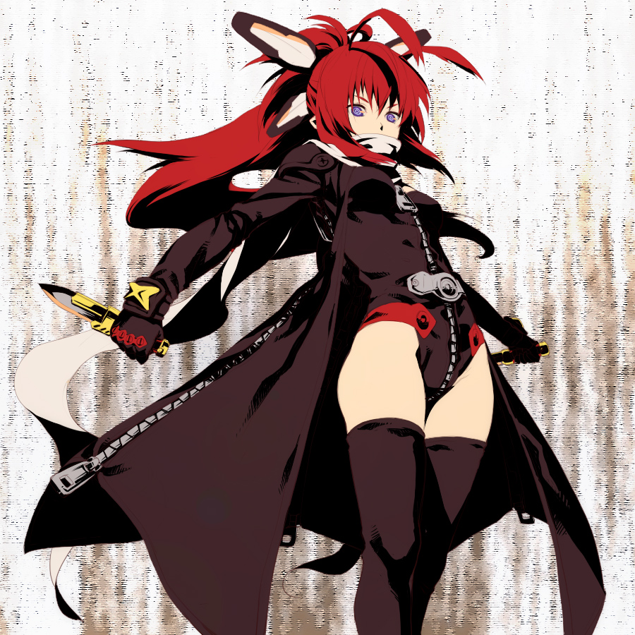 egawa satsuki, pest-x-san, ichigeki sacchuu!! hoihoi-san, 1girl, female focus, jacket, knife, long hair, purple eyes, red eyes, solo, thighhighs, zipper