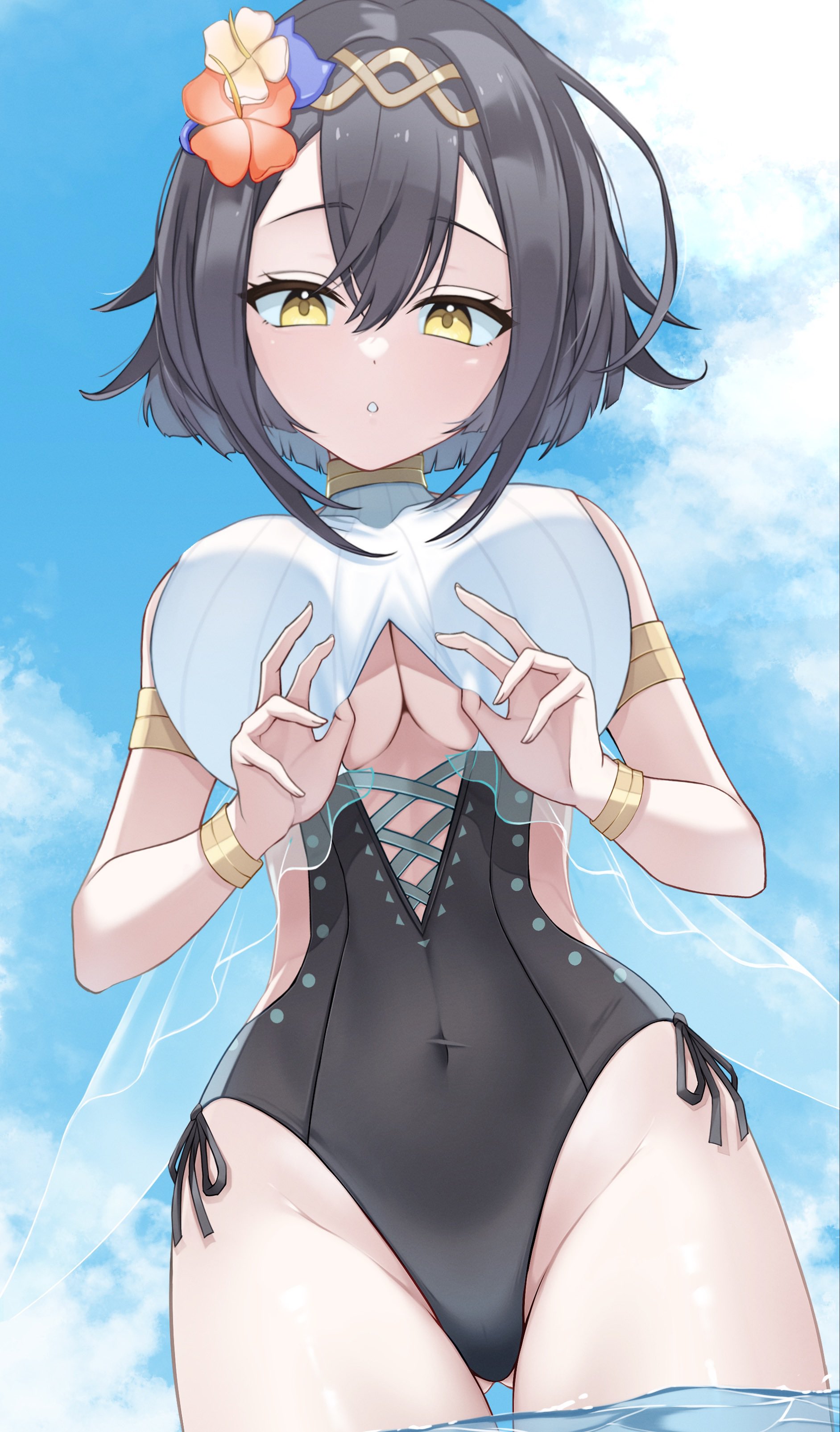 13seisei, amber (stella sora), stella sora, absurdres, commentary request, highres, 1girl, amber (swimsuit) (stella sora), armband, black hair, black one-piece swimsuit, blue sky, breasts, cat hair ornament, clothing cutout, cloud, covered navel, cowboy shot, day, flower, gluteal fold, hair flower, hair ornament, hairband, one-piece swimsuit, outdoors, short hair, sky, solo, swimsuit, two-tone one-piece swimsuit, underboob, underboob cutout, water, white background, white one-piece swimsuit, yellow eyes