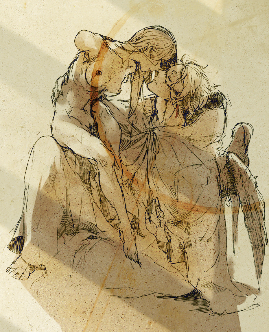 amano hana, original, light, no arms, bad id, bad pixiv id, 1boy, 1girl, amputee, angel wings, barefoot, breast slip, breasts, brown theme, cloak, closed eyes, faux traditional media, hair over eyes, imminent kiss, monochrome, nipples, nude, scar, sketch, stitches, wings