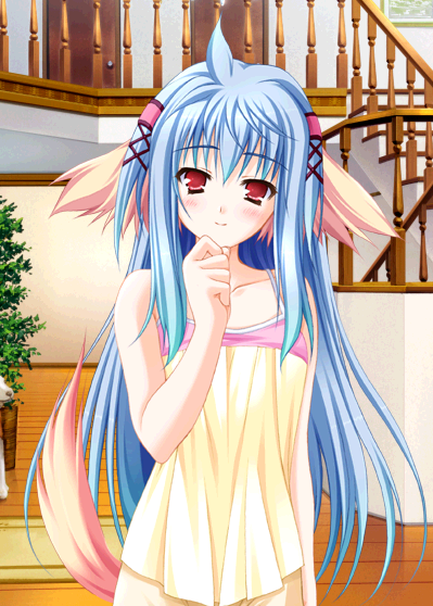 shikishima krile, nursery rhyme, tagme, blue hair, blush, red eyes, shorts, tail