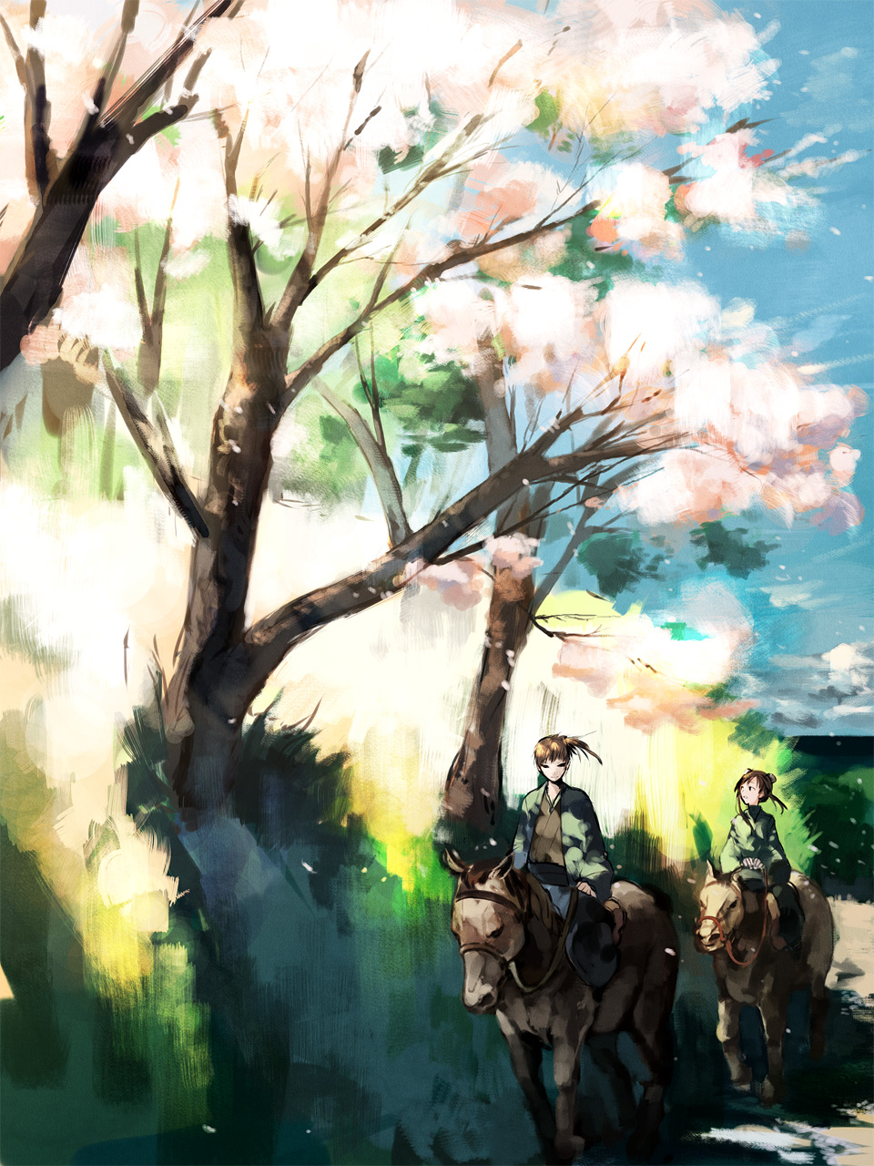 amano hana, pixiv sengoku jidai, light, character request, highres, 1boy, 1girl, cherry blossoms, day, horse, horseback riding, japanese clothes, landscape, nature, pixiv wars, riding, scenery, shadow