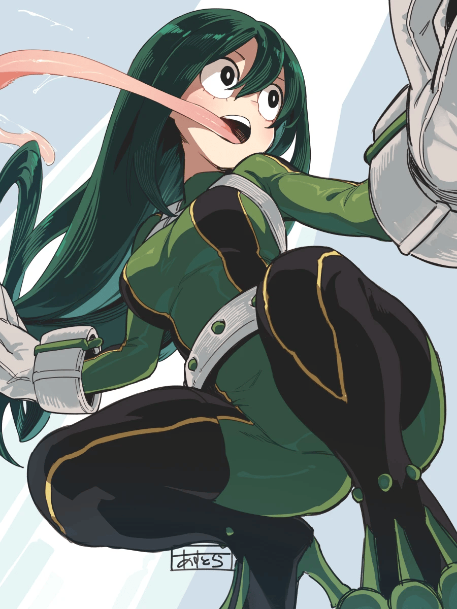 misa (jjin miryeon), asui tsuyu, boku no hero academia, highres, 1girl, asui tsuyu (hero outfit), belt, black bodysuit, black eyes, bodysuit, breasts, female focus, gloves, green bodysuit, green hair, hair between eyes, hero outfit (mha), long hair, long tongue, looking to the side, low-tied long hair, medium breasts, multicolored bodysuit, open mouth, saliva, solo, split-toe footwear, squatting, superhero costume, teeth, tongue, two-tone bodysuit, upper teeth only, white background, white gloves