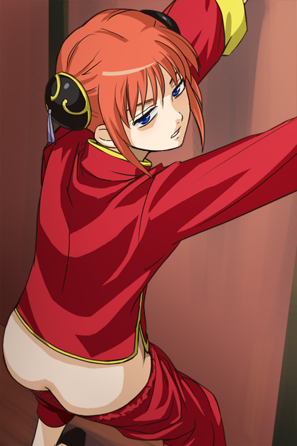 haruyama kazunori, kagura (gintama), gintama, 00s, 1girl, ass, blue eyes, clothes pull, female focus, pajamas, pants, pants pull, red hair, short hair, solo