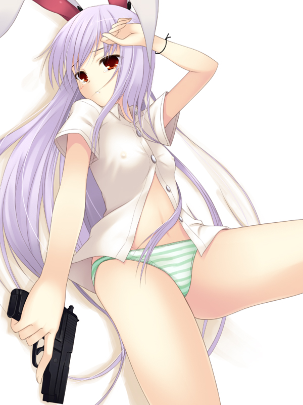 orange (satsurikukuma), reisen udongein inaba, sig sauer, touhou, bad id, bad pixiv id, 1girl, animal ears, covered erect nipples, dress shirt, female focus, flat chest, green panties, gun, handgun, long hair, navel, no pants, p229, panties, pistol, purple hair, rabbit ears, red eyes, semi-automatic pistol, shirt, sig p228/p229, solo, striped clothes, striped panties, tears, underwear, very long hair, weapon