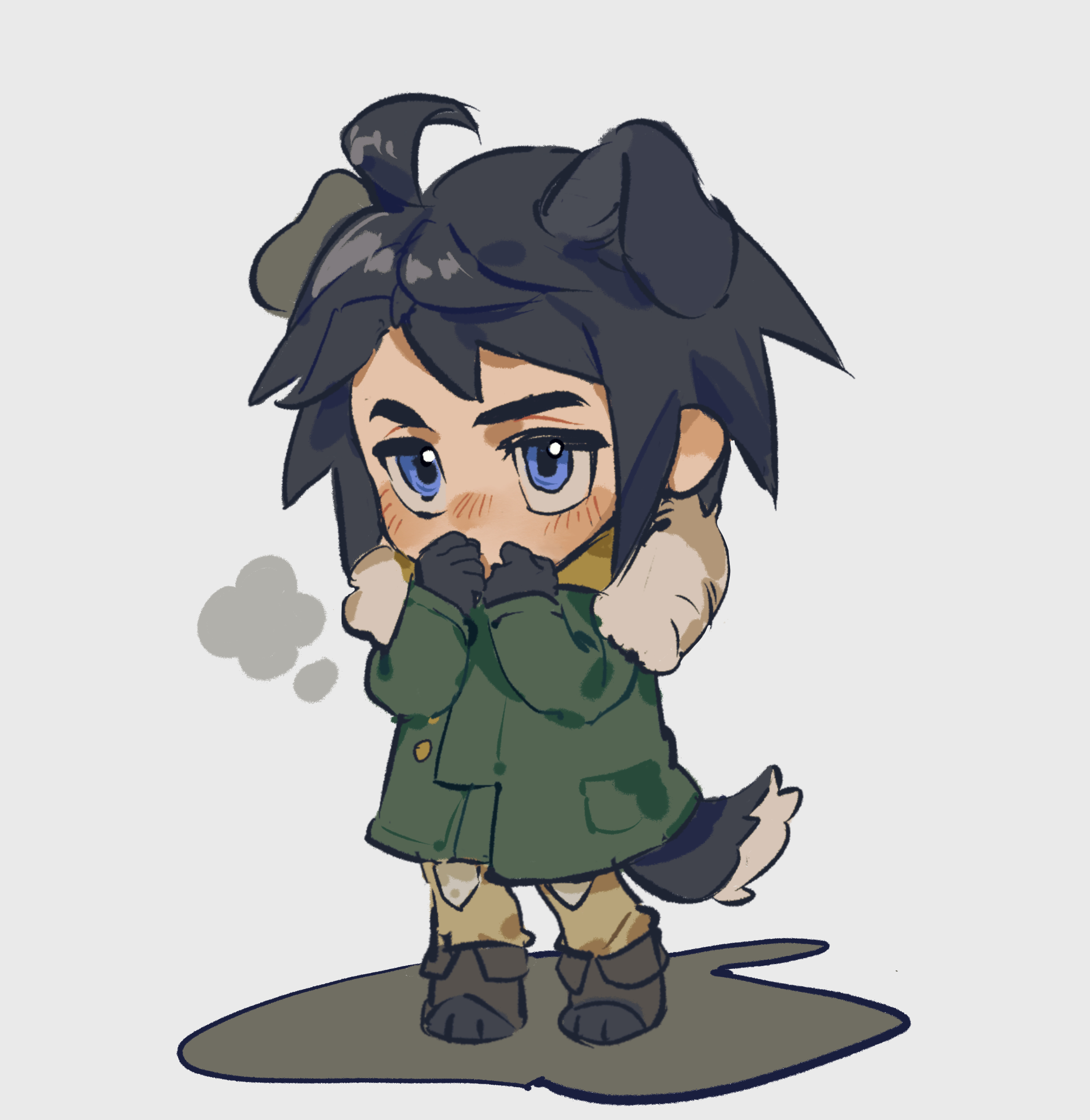 sumooo (ga ilil), mikazuki augus, gundam, gundam tekketsu no orphans, commentary, english commentary, highres, 1boy, ahoge, animal ears, black gloves, black hair, blue eyes, blush, brown pants, chibi, chibi only, coat, dog tail, full body, gloves, green coat, grey background, kemonomimi mode, long sleeves, male focus, pants, simple background, solo, standing, tail
