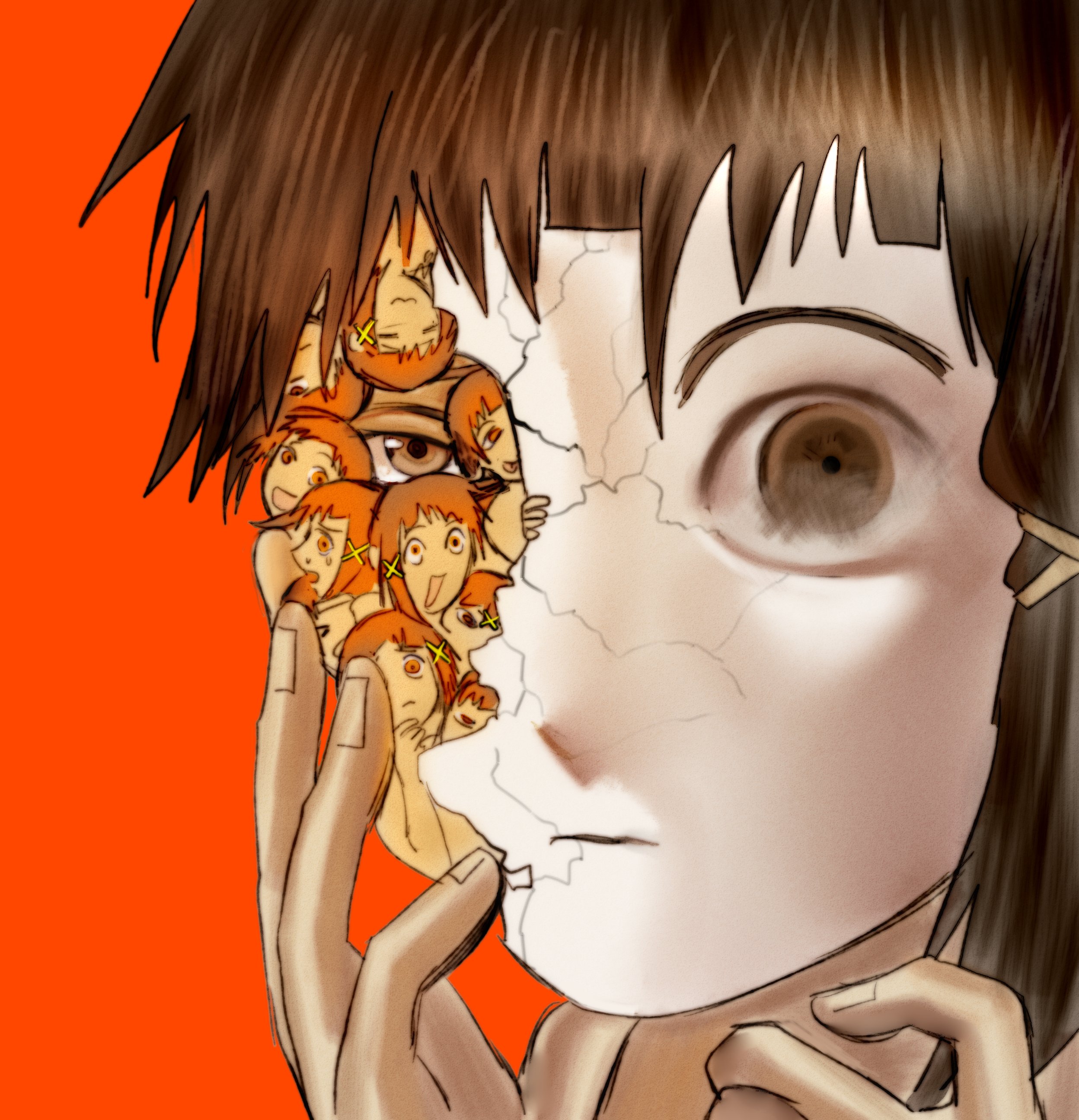 iwakura lain, serial experiments lain, absurdres, commentary, english commentary, highres, 1girl, :d, brown eyes, brown hair, chibi, chibi inset, closed eyes, closed mouth, cracked kawaii mask, cracked mask, ddosogy, from side, frown, hair ornament, hand on own cheek, hand on own face, head only, looking at viewer, looking to the side, mismatched eyes, multiple heads, multiple persona, multiple views, open mouth, orange background, orange hair, simple background, smile