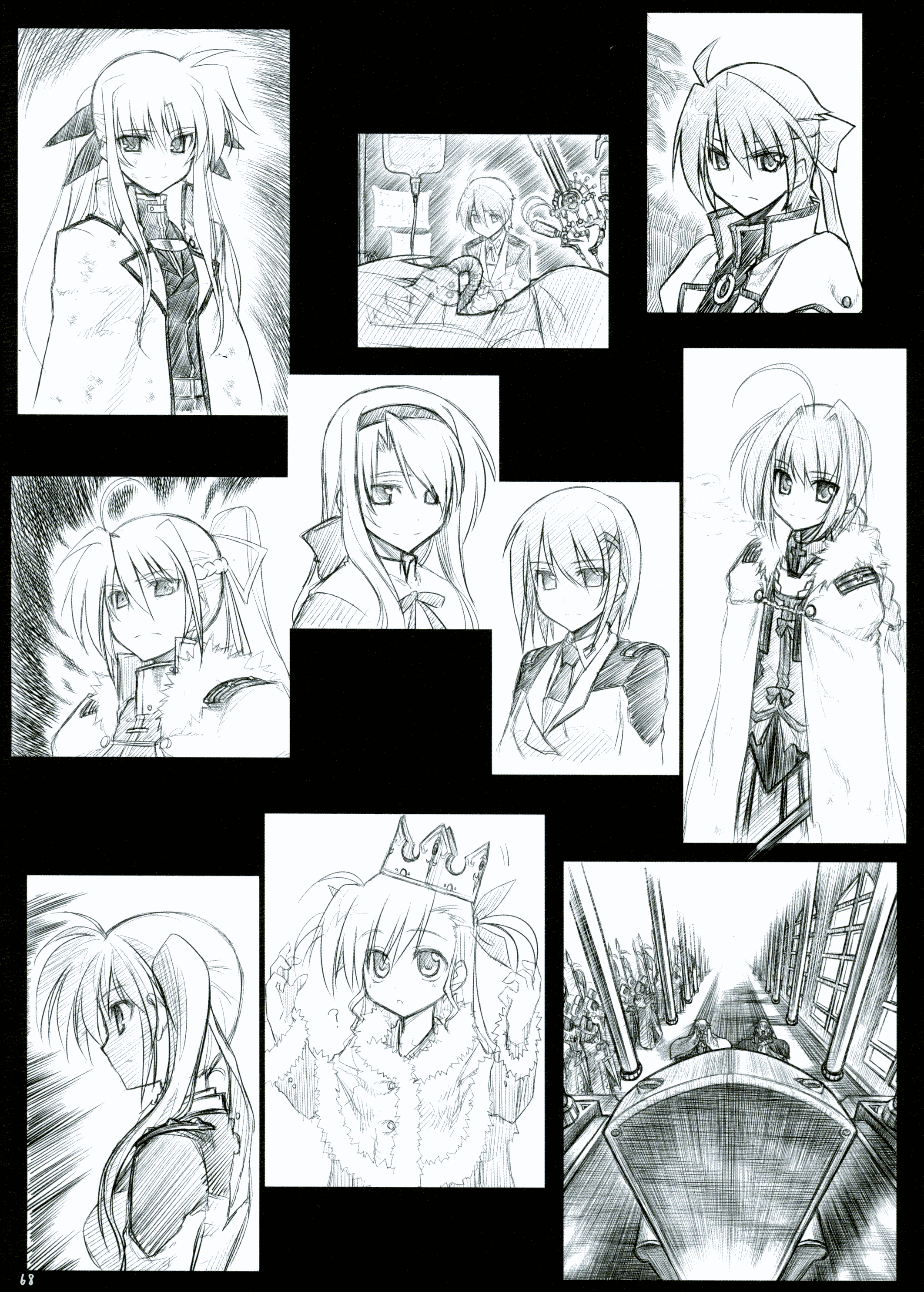 himura kiseki, carim gracia, fate testarossa, ginga nakajima, signum, subaru nakajima, takamachi nanoha, vita (nanoha), vivio, yagami hayate, lyrical nanoha, mahou shoujo lyrical nanoha, mahou shoujo lyrical nanoha a's, mahou shoujo lyrical nanoha strikers, absurdres, highres, 00s, 6+girls, ahoge, alternate costume, blue theme, braid, cape, coat, crown, greyscale, hair ornament, hair ribbon, hairband, headband, jacket, long hair, magical girl, military, military uniform, monochrome, multiple girls, open clothes, open jacket, ponytail, ribbon, siblings, side ponytail, sisters, twin braids, twintails, very long hair, x hair ornament
