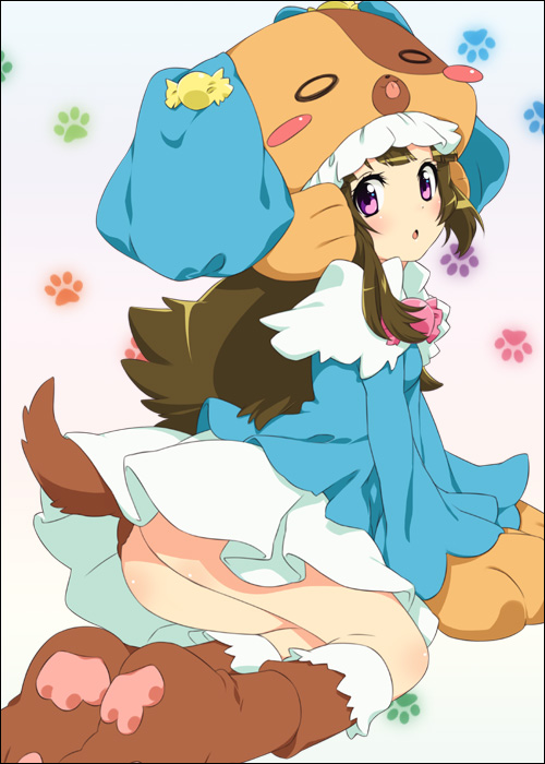 mizuki makoto, mikogami nagisa, anyamal tantei kirumin zoo, animal costume, animal hands, animal hat, ass, brown hair, dog costume, dog paws, dog tail, hat, loli, no panties, purple eyes, solo, tail