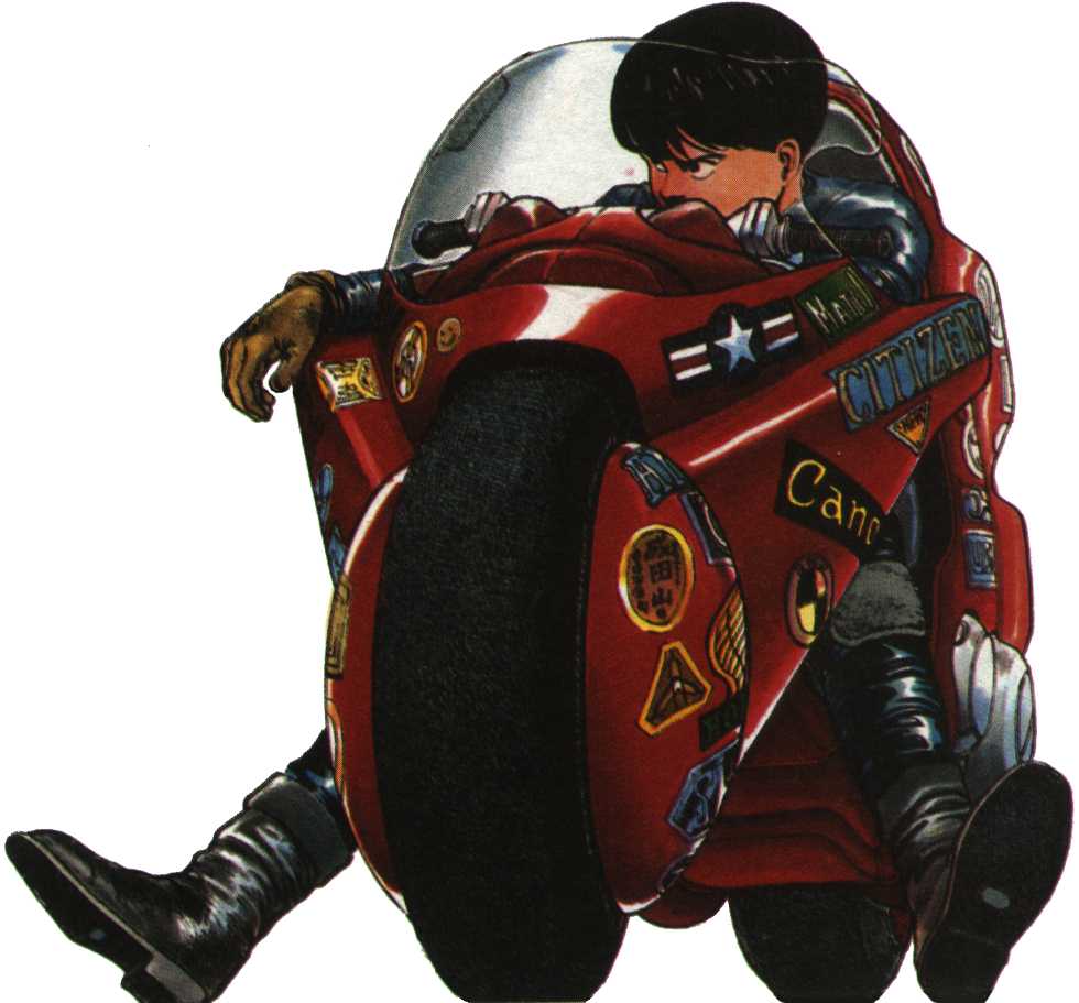 ootomo katsuhiro, otomo katsuhiro, kaneda shoutarou, bmw, canon (company), citizen (company), akira, vehicle, 1980s (style), official art, scan, 1boy, black hair, boots, company name, male focus, motor vehicle, motorcycle, oldschool, product placement, retro artstyle, solo, sticker