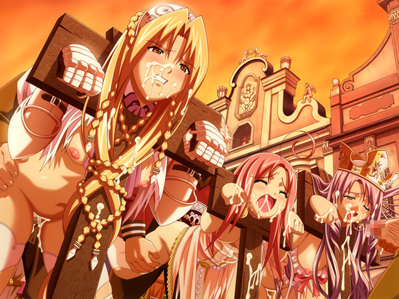 fujii kazuha, iria (ryouki), meteor (ryouki), retishia (ryouki), ryouki, highres, ahoge, bdsm, bondage, breasts, censored, clenched teeth, crown, crying, cum, facial, humiliation, nipples, open mouth, pillory, princess, public use, rape, sex, stocks, tears, torture