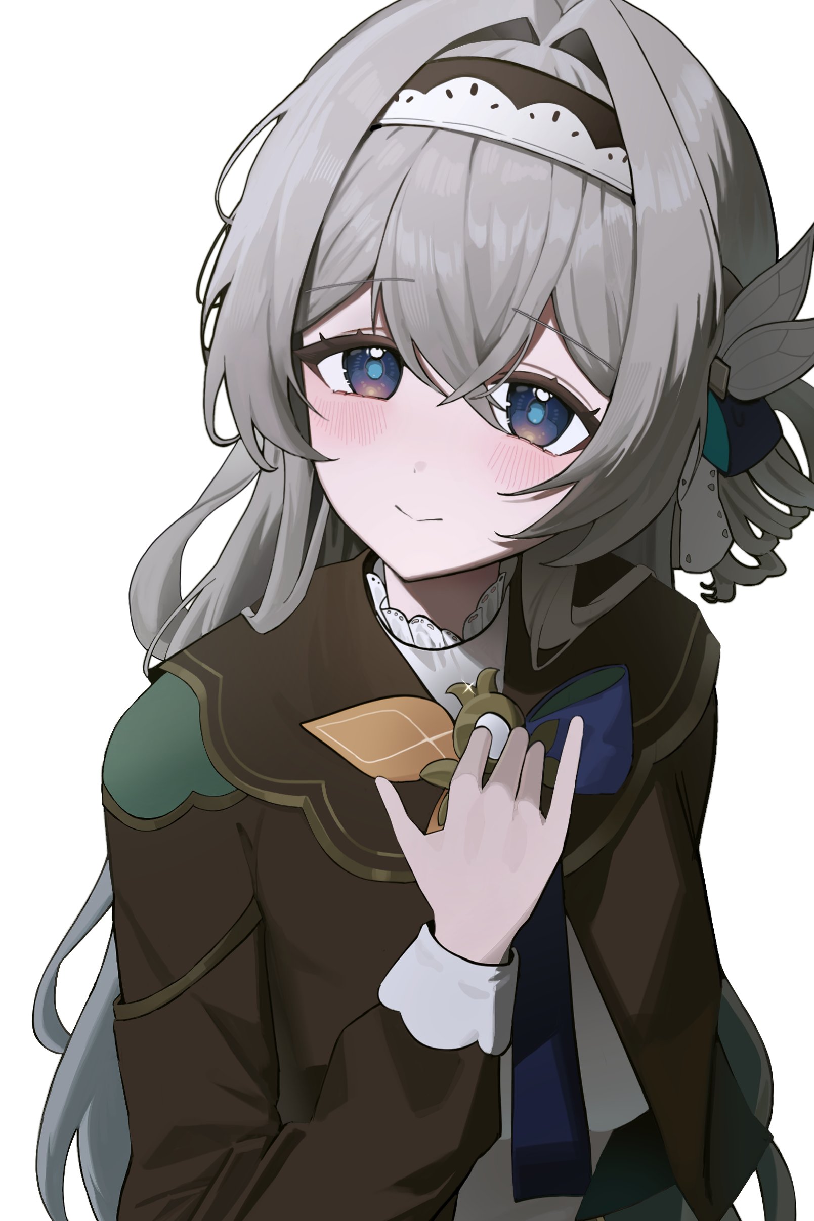 13 (jjusan13), firefly (honkai: star rail), honkai: star rail, honkai (series), absurdres, highres, 1girl, blue ribbon, blush, brown jacket, closed mouth, collared shirt, gradient eyes, gradient hair, green pupils, hair ornament, hair ribbon, hairband, hand on own chest, jacket, long hair, multicolored eyes, multicolored hair, neck ribbon, neckerchief, orange neckerchief, ribbon, shirt, simple background, smile, solo, white background, white hairband, white shirt