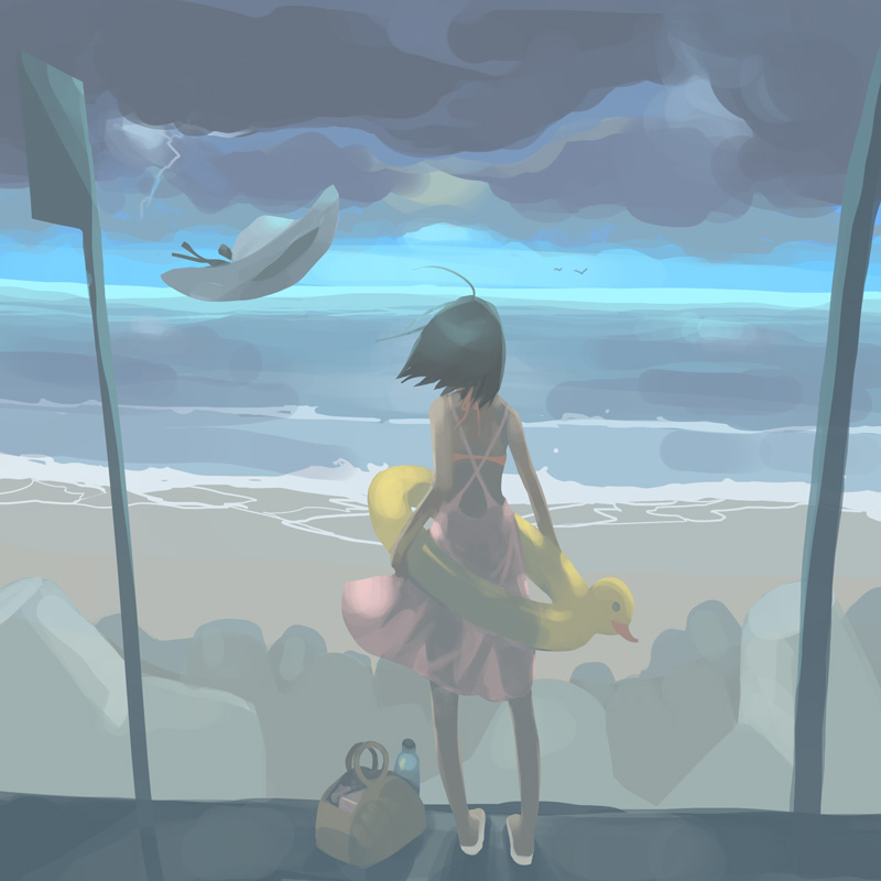 vofan, original, 1girl, ahoge, back, bag, beach, bikini, bikini under clothes, bird, black hair, bottle, cloud, dark-skinned female, dark cloud, dark skin, dress, duck, female focus, from behind, hat, innertube, lightning, ocean, pink dress, rock, shoes, short hair, silhouette, solo, storm, sun hat, swim ring, swimsuit, swimsuit under clothes, unworn hat, unworn headwear, water, water bottle, waves, wind