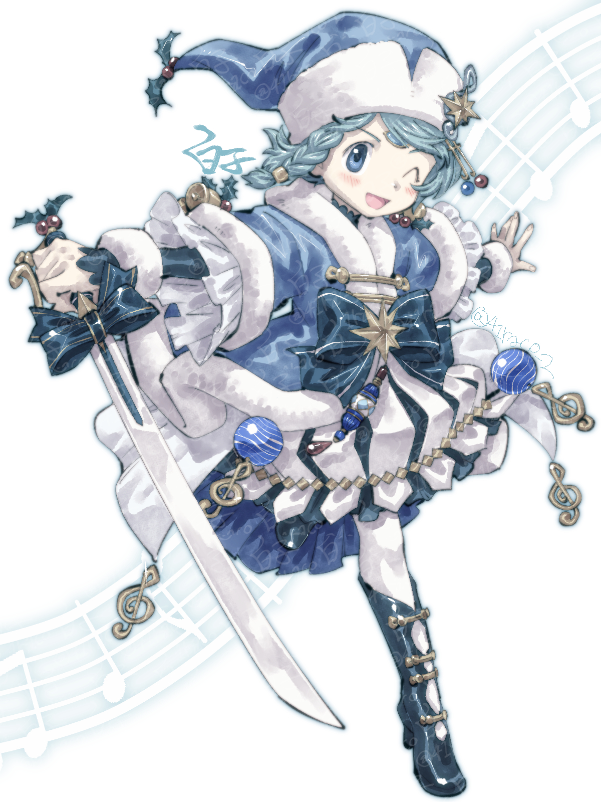 shirako (kirupi), miki sayaka, miki sayaka (buon natale grazioso), mahou shoujo madoka magica, mahou shoujo madoka magica magia exedra, blue gem, commentary request, highres, 1girl, bell, blue boots, blue coat, blue eyes, blue hair, blue hat, blue ribbon, blush, boots, bow, braid, braided sidelock, bubble skirt, christmas, christmas ornaments, coat, forehead jewel, fortissimo, full body, fur-trimmed coat, fur-trimmed headwear, fur-trimmed sleeves, fur trim, gem, gold buttons, hair ornament, hat, hat ornament, holding, holding sword, holding weapon, holly, holly hat ornament, layered sleeves, looking at viewer, musical note, musical note hair ornament, musical staff, octagram, official alternate costume, one eye closed, open mouth, pantyhose, ribbon, santa hat, short hair, single braid, skirt, smile, solo, soul gem, star (symbol), striped clothes, striped skirt, sword, treble clef, two-tone skirt, vertical-striped clothes, vertical-striped skirt, waist bow, weapon, white background, white pantyhose, white skirt