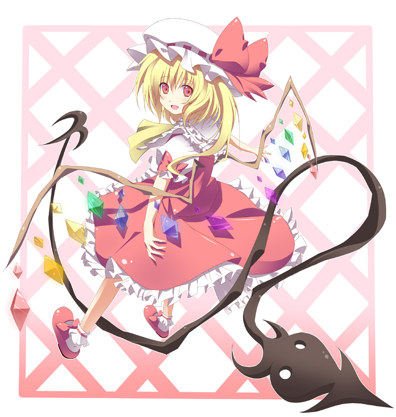 kurono yuzuko, yuuko (pixiv), flandre scarlet, touhou, bad id, bad pixiv id, 1girl, blonde hair, blouse, female focus, hair between eyes, hat, mob cap, one side up, ponytail, red eyes, shirt, short hair, side ponytail, solo, white hat, white shirt, wings