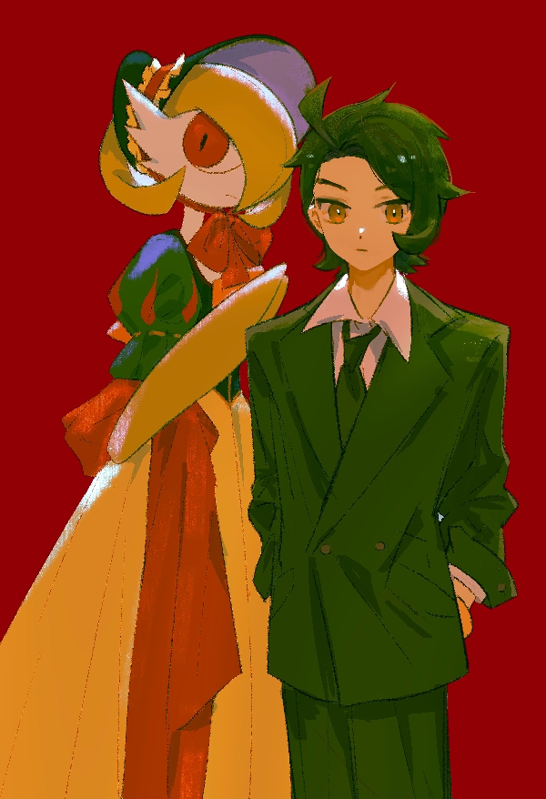 explodjelly, gardevoir, paxton (pokemon), nintendo, pokemon, pokemon legends: z-a, 1boy, 1girl, ahoge, black hair, black jacket, black necktie, blue bonnet, bob cut, bonnet, bow, brown eyes, buttons, chinstrap, closed mouth, clothed pokemon, collared shirt, colored skin, cowboy shot, dress, expressionless, formal clothes, gen 3 pokemon, green hair, green skin, hair over one eye, hands in pockets, jacket, long dress, long sleeves, looking at viewer, multicolored skin, necktie, one eye covered, pokemon (creature), puffy short sleeves, puffy sleeves, red background, red bow, red eyes, shirt, short hair, short sleeves, simple background, standing, suit, two-tone skin, white shirt, white skin