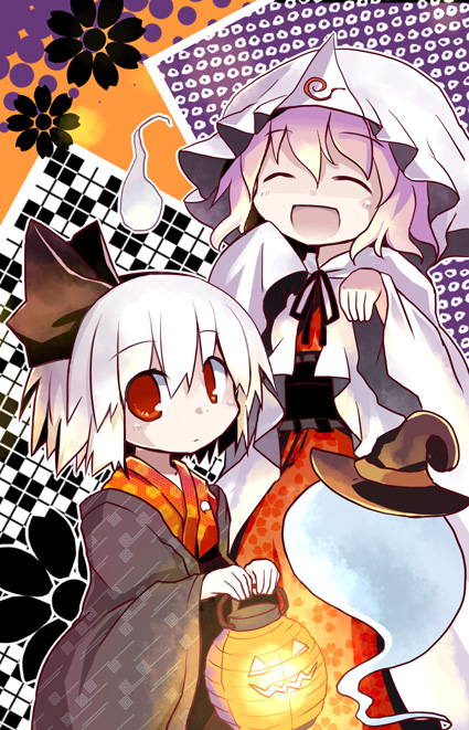 dorua (dollar), konpaku youmu, konpaku youmu (ghost), saigyouji yuyuko, touhou, silver hair, 2girls, female focus, ghost, halloween, hat, jack-o'-lantern, japanese clothes, multiple girls, pink hair, pumpkin, red eyes, short hair, witch hat