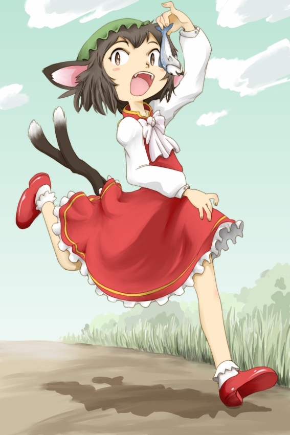 ohyo, chen, touhou, 1girl, animal ears, ascot, black hair, blush stickers, brown eyes, cat ears, cat girl, cat tail, child, cloud, day, dress, eating, fangs, female focus, fish, frills, grass, green hat, hat, loafers, looking at viewer, mob cap, multiple tails, open mouth, outdoors, path, red dress, red shoes, road, running, shadow, shoes, short hair, sky, socks, solo, tail, white socks
