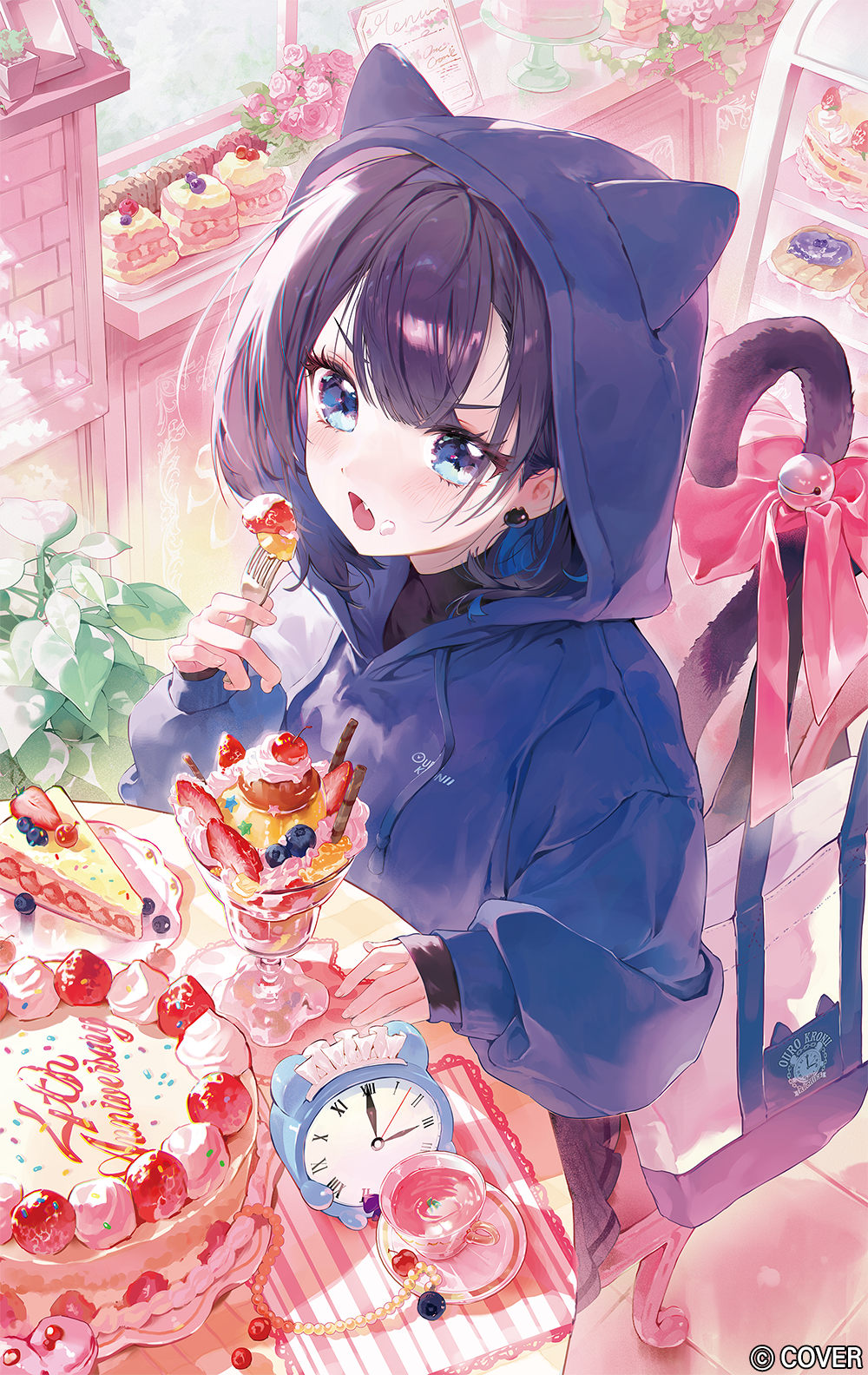 dotori (seulseul), kronie (ouro kronii), ouro kronii, hololive, hololive english, commentary request, highres, official art, 1girl, animal hood, bell, black shirt, blue eyes, blue hair, blue hoodie, bow, cake, cake slice, cat hood, cat tail, copyright name, double-parted bangs, earrings, eating, fang, food, food on face, fork, grey skirt, hair between eyes, holding, holding fork, hood, hood up, hoodie, indoors, jewelry, miniskirt, open mouth, pink bow, shirt, sitting, skirt, solo, tail, tail bell, tail bow, tail ornament, turtleneck, virtual youtuber
