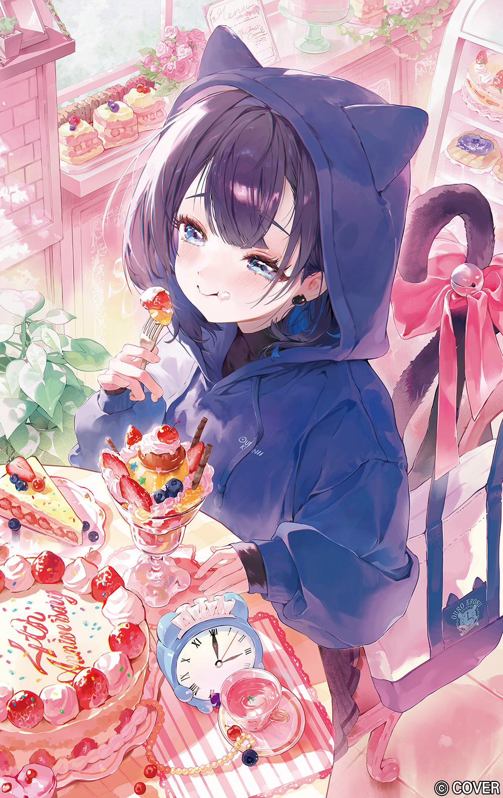 dotori (seulseul), kronie (ouro kronii), ouro kronii, hololive, hololive english, commentary request, highres, official art, 1girl, animal hood, bell, black shirt, blue eyes, blue hair, blue hoodie, bow, cake, cake slice, cat hood, cat tail, closed mouth, copyright name, double-parted bangs, earrings, eating, food, food on face, fork, grey skirt, hair between eyes, holding, holding fork, hood, hood up, hoodie, indoors, jewelry, miniskirt, pink bow, shirt, sitting, skirt, smile, solo, tail, tail bell, tail bow, tail ornament, turtleneck, virtual youtuber