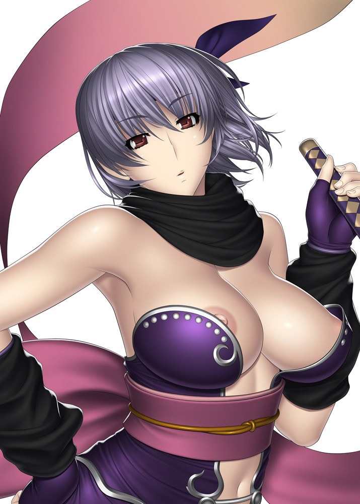 kansuke, ayane (doa), dead or alive, ninja gaiden, ninja gaiden sigma 2, tecmo, 1girl, breasts, cleavage, female focus, large breasts, nipple slip, nipples, purple hair, red eyes, short hair, solo