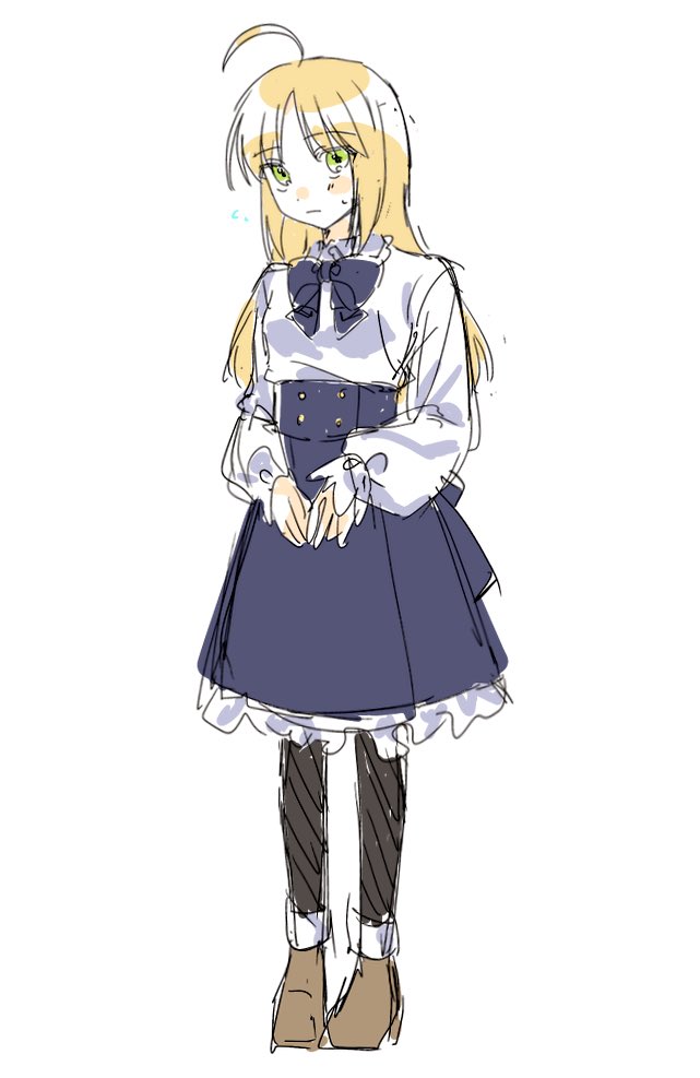 dun dudu, artoria pendragon (fate), saber (fate), fate/stay night, fate (series), 1girl, ahoge, alternate hairstyle, black leggings, blonde hair, blue dress, boots, brown boots, dress, frilled dress, frills, green eyes, leggings, long hair, shirt, sketch, white background, white shirt