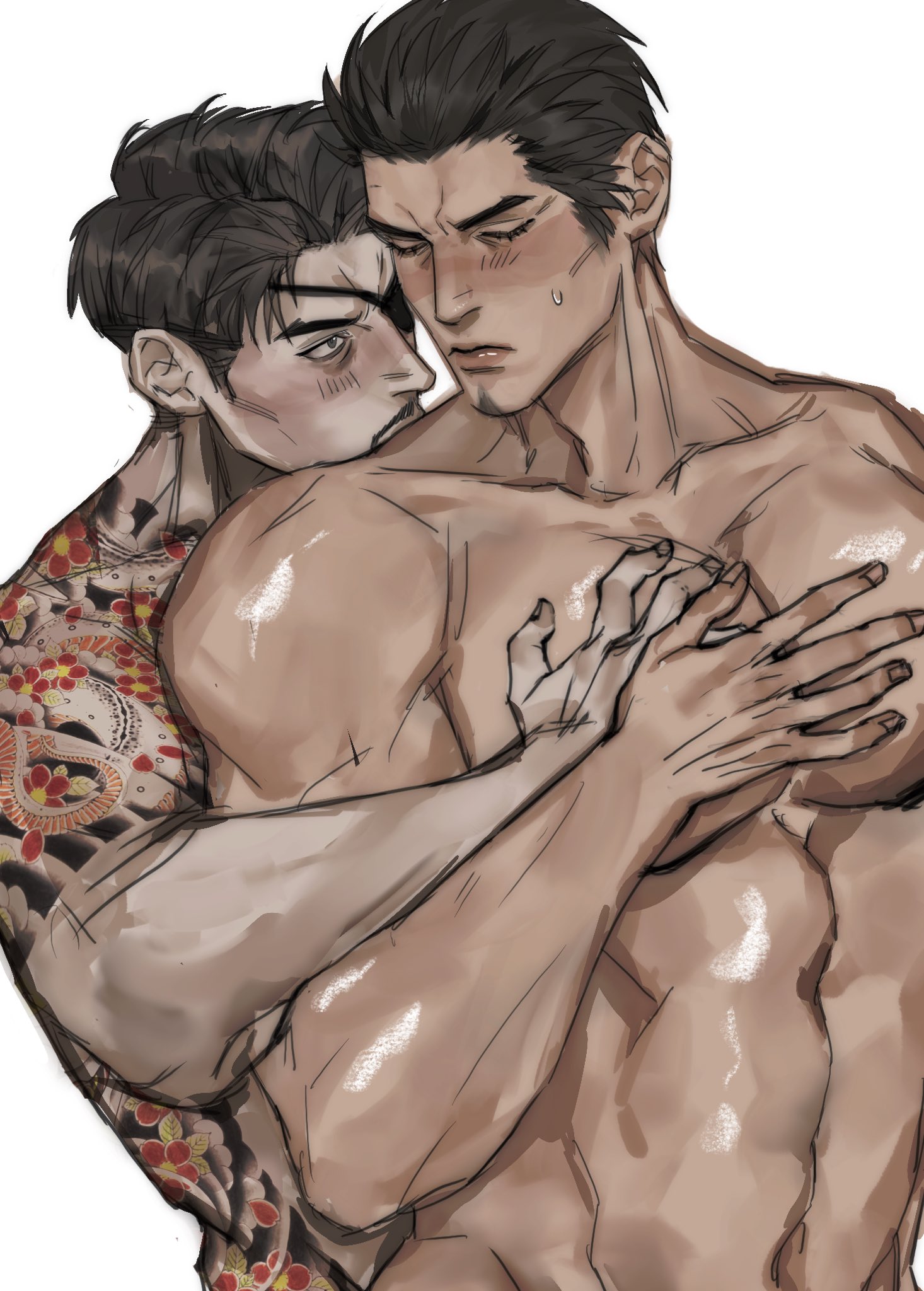 sotenborinpc, kiryu kazuma, majima goro, ryuu ga gotoku (series), ryuu ga gotoku 1, highres, 2boys, bara, black hair, blush, closed eyes, curtained hair, eyepatch, facial hair, goatee, grabbing another's pectorals, hug, hug from behind, irezumi, large pectorals, male focus, multiple boys, muscular, muscular male, pale skin, pectorals, puffy male chest, soul patch, sweatdrop, tattoo, topless male, undercut, upper body, yaoi