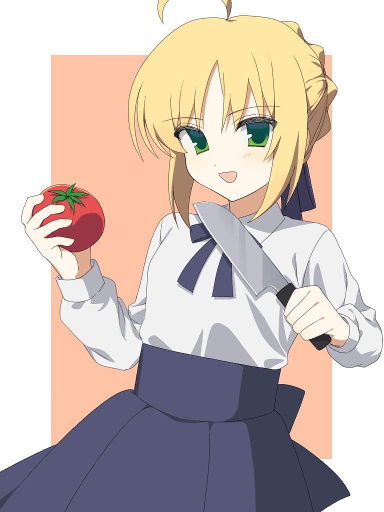dun dudu, artoria pendragon (fate), saber (fate), fate/stay night, fate (series), ahoge, blonde hair, blouse, blue bow, blue skirt, border, bow, braid, bun with braided base, food, green eyes, hair bow, hair bun, holding, holding food, holding knife, holding tomato, knife, shirt, sidelocks, simple background, skirt, tomato, white border, white shirt
