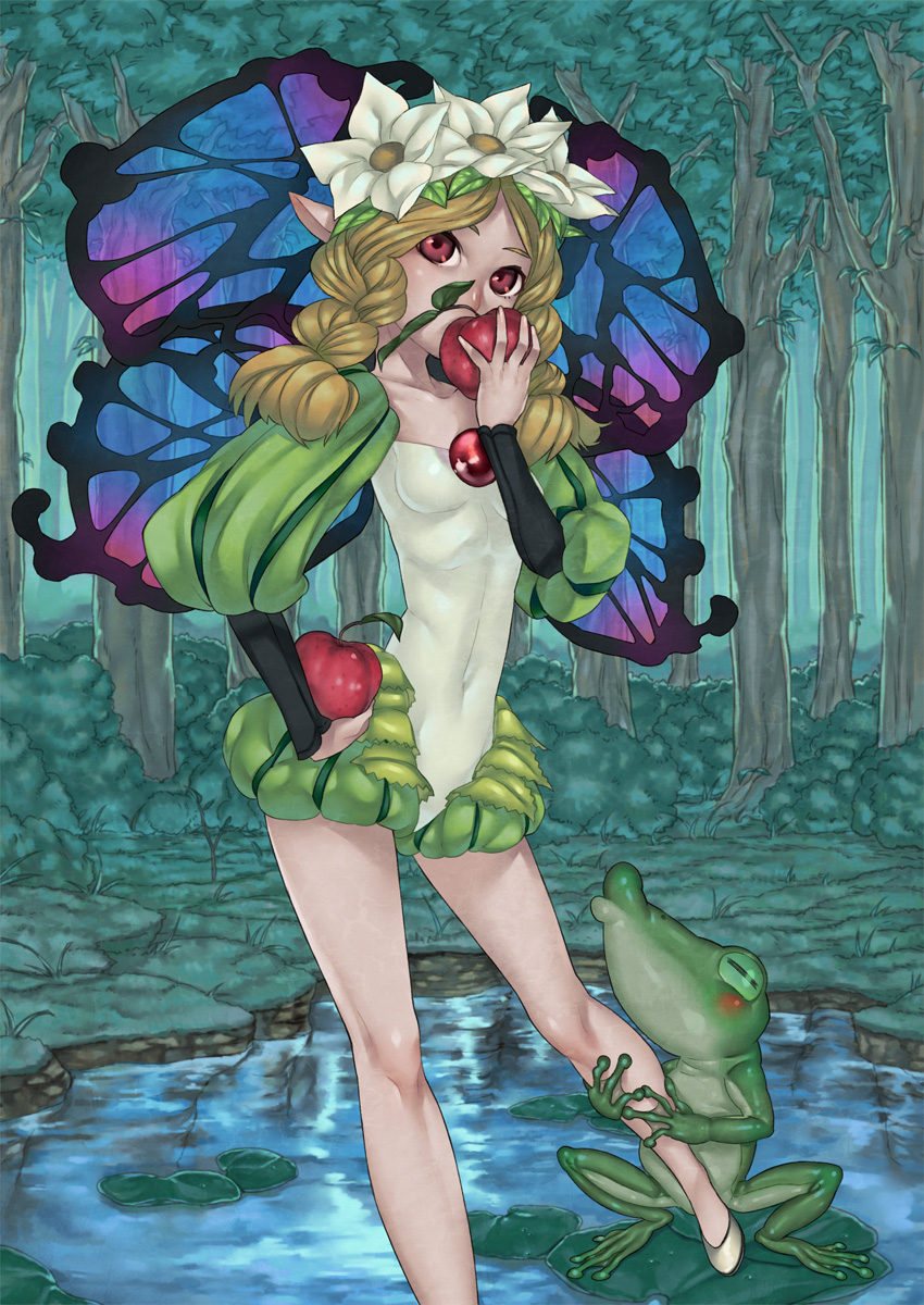 harmaline, mercedes (odin sphere), odin sphere, highres, 1girl, apple, blonde hair, braid, female focus, flower, food, forest, frog, fruit, hair ornament, lily pad, nature, pointy ears, puff and slash sleeves, puffy sleeves, red eyes, skinny, solo, twin braids, water, wings