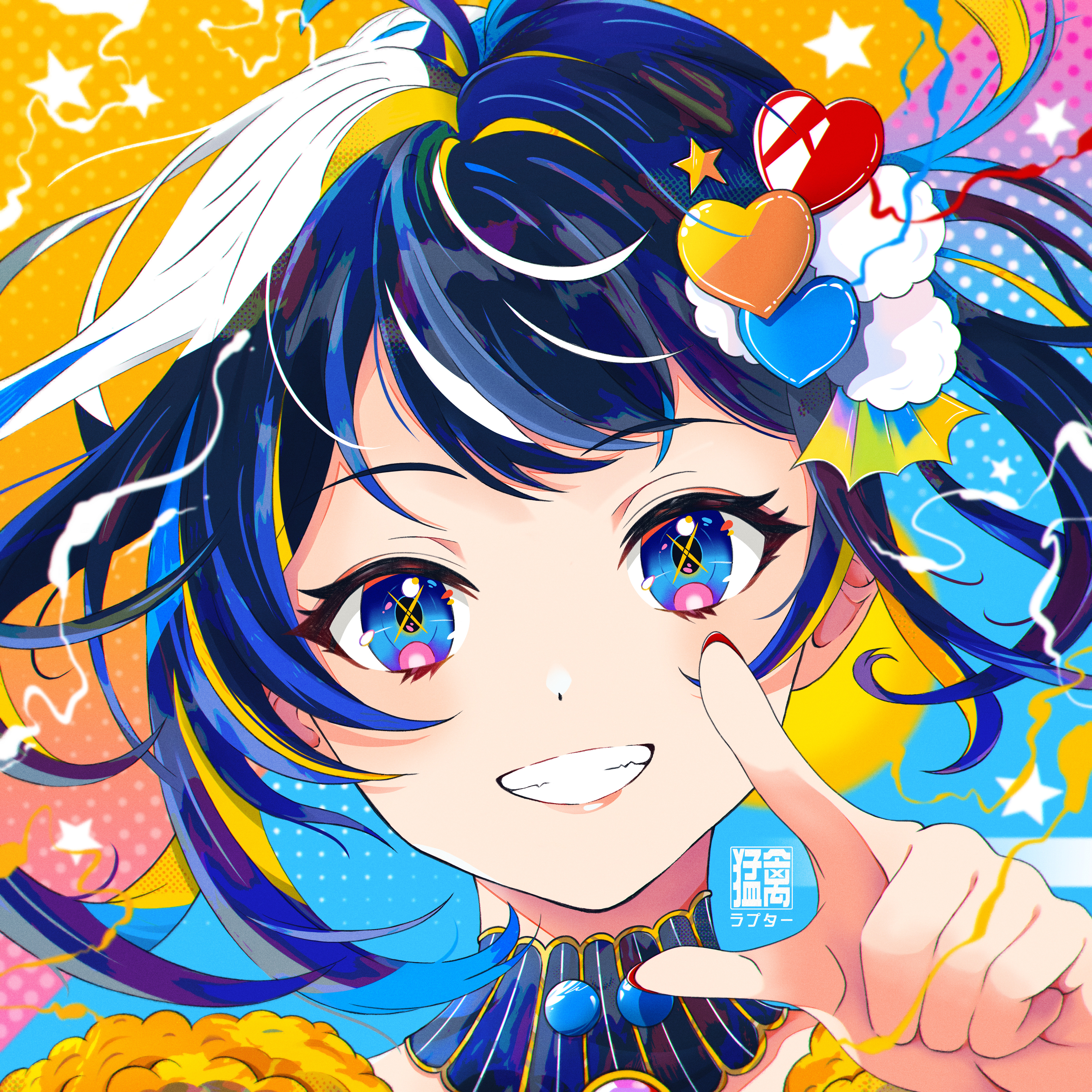 raptorvz, original, absurdres, highres, 1girl, ahoge, blonde hair, blue eyes, blue hair, cross-shaped pupils, dot nose, grin, hair ornament, looking at viewer, medium hair, multicolored hair, pointing, pointing at viewer, portrait, red nails, smile, solo, streaked hair, symbol-shaped pupils, white hair