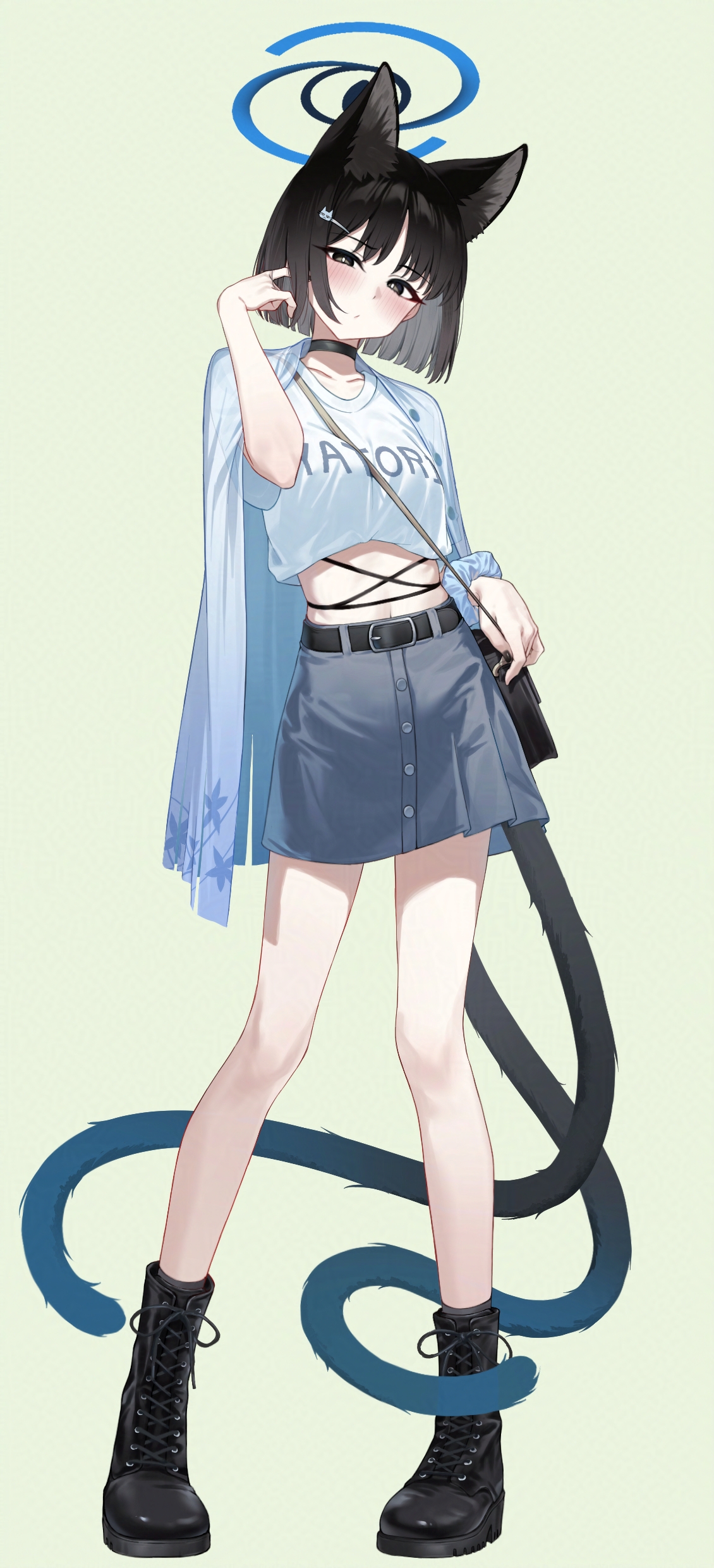 pizza (pizzania company), kikyou (blue archive), blue archive, absurdres, commentary request, highres, 1girl, alternate costume, animal ear fluff, animal ears, bag, black bag, black boots, black choker, black eyes, black hair, blue cape, blue halo, blush, boots, cape, cat ears, cat girl, cat tail, choker, closed mouth, cropped shirt, grey skirt, halo, hand in own hair, holding, holding bag, looking at viewer, multiple tails, shirt, skirt, solo, t-shirt, tail, two tails, white shirt