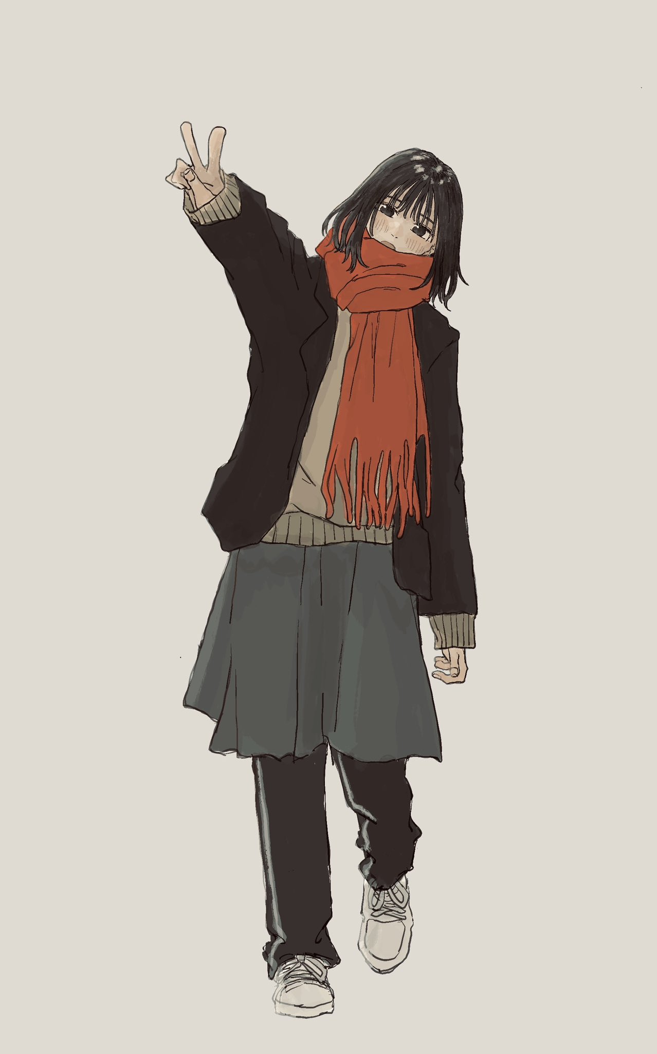 original, highres, 1girl, black eyes, black hair, black jacket, black pants, blush, brown sweater, full body, grey skirt, izumi mizu1001, jacket, open mouth, pants, red scarf, scarf, shoes, short hair, simple background, skirt, solo, sweater, v, walking, white shoes