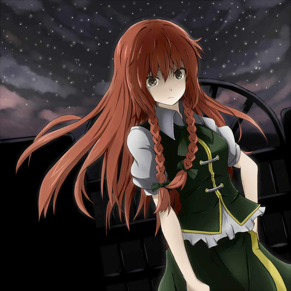 shirataki, shirawaki, hong meiling, embodiment of scarlet devil, touhou, 1girl, braid, china dress, chinese clothes, dress, female focus, gate, green eyes, long hair, outdoors, red hair, skirt, sky, solo, twin braids