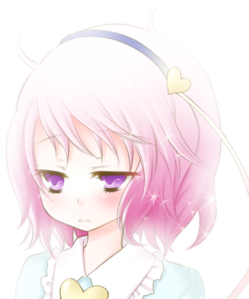 miyata waltz, komeiji satori, touhou, bad id, bad pixiv id, 1girl, female focus, hairband, heart, pink hair, purple eyes, short hair, solo, white background