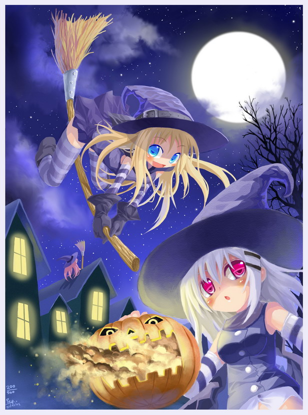 emperpep, silver hair, 3girls, blonde hair, blue eyes, blush, broom, broom riding, gloves, halloween, hat, jack-o'-lantern, moon, multiple girls, open mouth, pink eyes, pink hair, pumpkin, red eyes, thighhighs, witch, witch hat