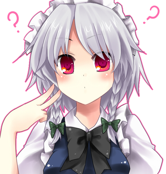 shiitake (artist), izayoi sakuya, embodiment of scarlet devil, touhou, bad id, bad pixiv id, 1girl, bow, braid, female focus, grey hair, mushroom, red eyes, shiitake, simple background, solo, twin braids, white background