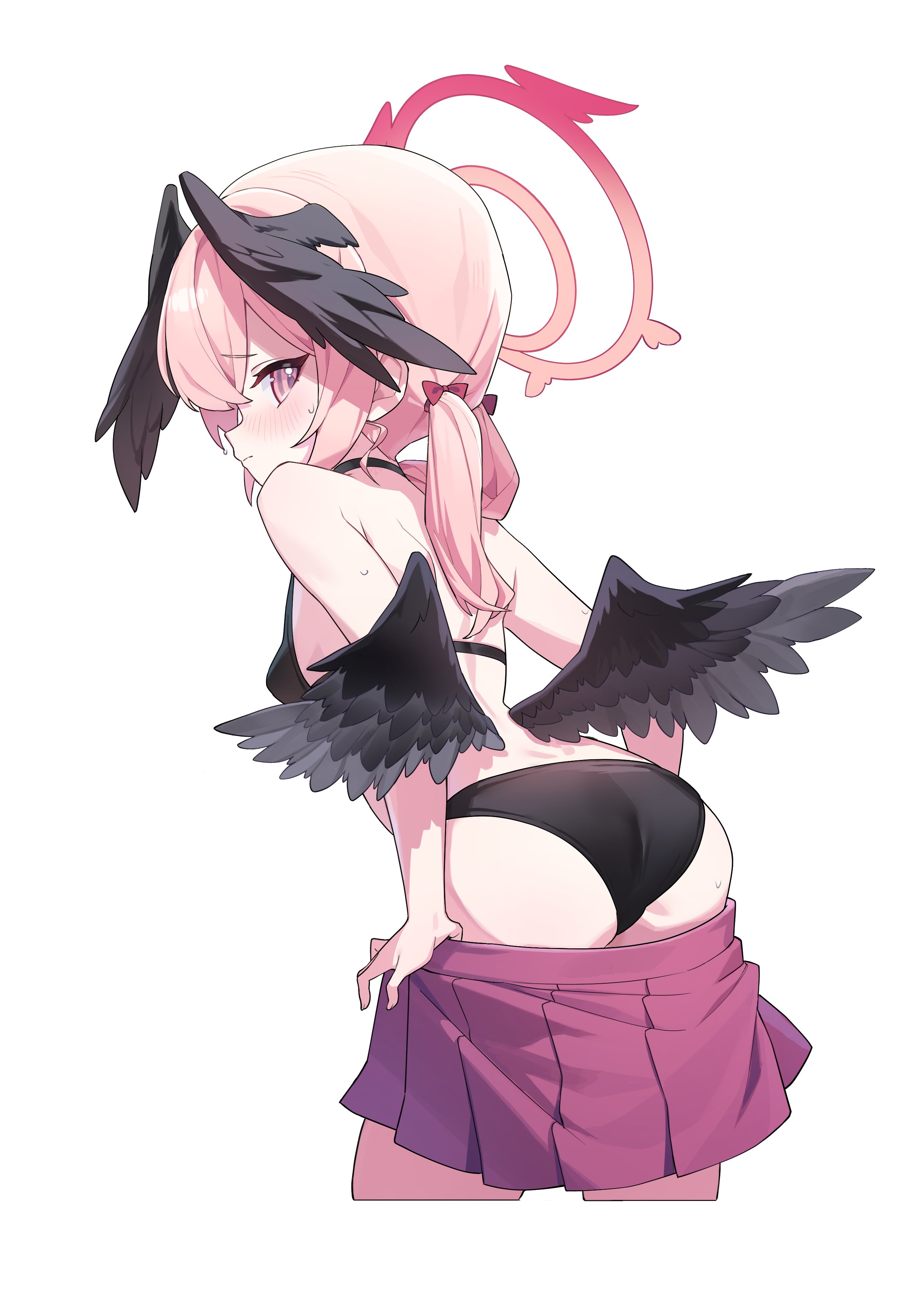 bada (jksh5056), koharu (blue archive), blue archive, absurdres, highres, 1girl, bare back, bare shoulders, black bra, black choker, black panties, black wings, bra, breasts, choker, facing away, hair ribbon, hair wings, halo, looking at viewer, low twintails, panties, pink hair, red halo, ribbon, simple background, small breasts, solo, swimsuit, twintails, underwear, undressing, white background, wings