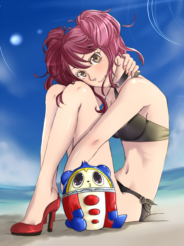 suta furachina, kujikawa rise, kuma (persona 4), atlus, persona, persona 4, colorized, 1girl, bikini, brown eyes, high heels, legs, long hair, red hair, shoes, swimsuit