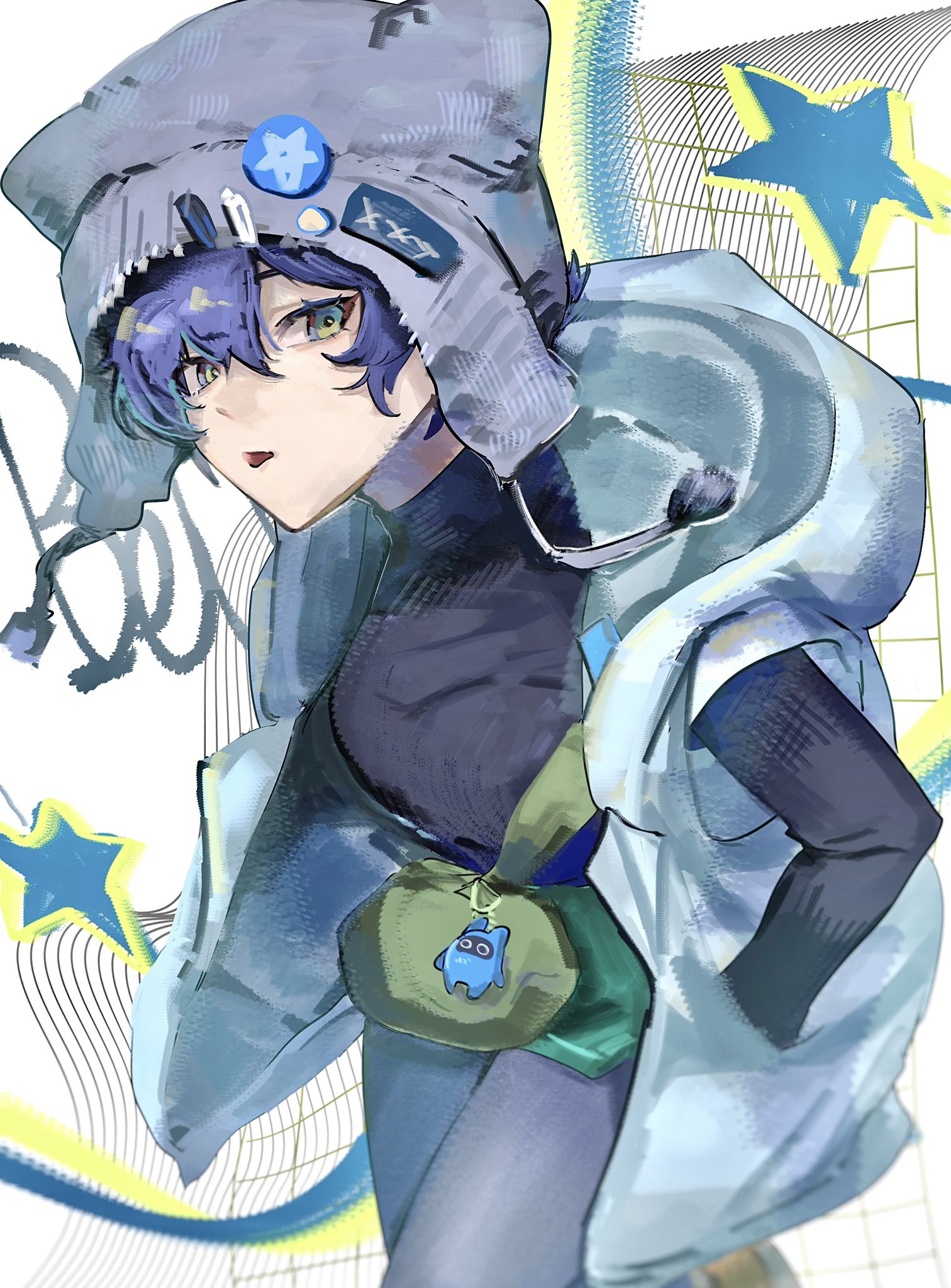 bangboo (zenless zone zero), belle (zenless zone zero), zenless zone zero, hashtag-only commentary, highres, 1girl, bag charm, beanie, black shirt, blue hair, blue hat, blue jacket, blue pants, character name, charm (object), checkered background, cowboy shot, green bag, green eyes, hair between eyes, hands in pockets, hat, hood, hooded jacket, jacket, looking at viewer, nmmm mm, official alternate costume, pants, pom pom (clothes), shirt, sleeveless, sleeveless jacket, solo, star (symbol), tongue, tongue out, white background