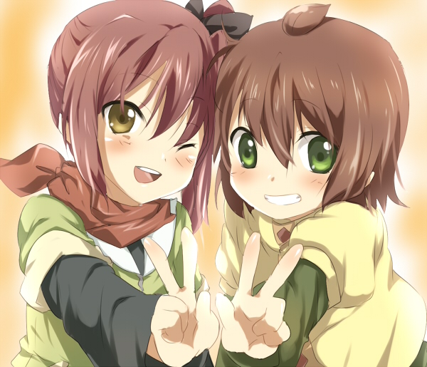 maruki (punchiki), punchiki (character), original, bad id, bad pixiv id, 2girls, blush, brown eyes, brown hair, green eyes, long hair, multiple girls, one eye closed, ponytail, short hair, v, wink