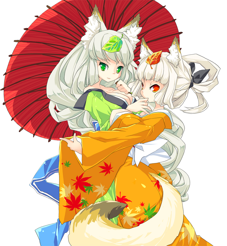 leaf (artist), leaf (kohakoo), sakurano miya, inari, kongiku, yuzuruha, oboro muramasa, 2girls, animal ears, breasts, cleavage, fox ears, fox tail, green eyes, hair up, japanese clothes, kimono, kitsune, large breasts, leaf, leaf on head, long hair, multiple girls, object on head, oil-paper umbrella, orange eyes, parasol, simple background, tail, umbrella, very long hair, white hair, yellow eyes