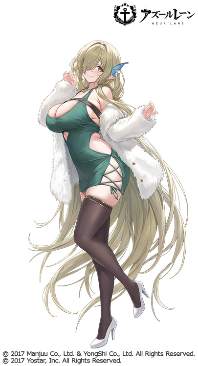 guchico, de zeven provincien (azur lane), azur lane, comiket 107, merchandise available, official art, 1girl, absurdly long hair, black thighhighs, blonde hair, breasts, butterfly hair ornament, cleavage, covered navel, dress, full body, fur jacket, green dress, green eyes, hair ornament, hair over one eye, high heels, huge breasts, jacket, long hair, looking at viewer, official alternate costume, pointy ears, shoes, simple background, skindentation, solo, standing, standing on one leg, thighhighs, very long hair, white background, white jacket, white shoes