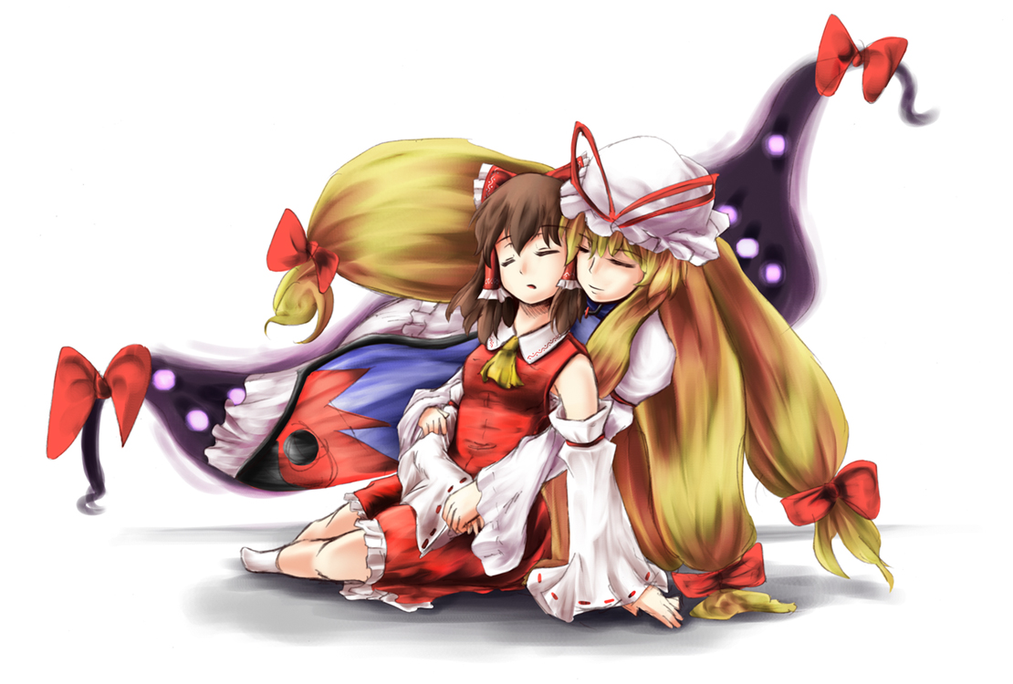 r0g0b0, hakurei reimu, yakumo yukari, touhou, bad id, bad pixiv id, 2girls, black hair, blonde hair, female focus, gap (touhou), hair ribbon, hat, japanese clothes, miko, multiple girls, ribbon, sleeping