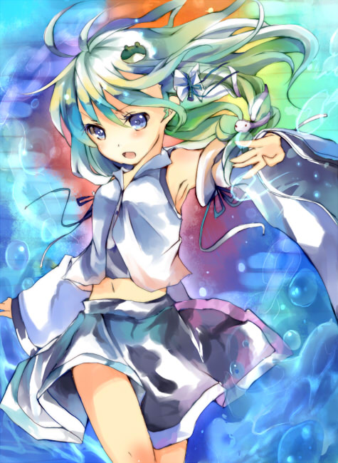 kedama milk, kochiya sanae, touhou, bad id, bad pixiv id, 1girl, armpits, blue eyes, colorful, detached sleeves, female focus, frog, green hair, hair ornament, japanese clothes, long hair, miko, multicolored hair, navel, skirt, snake, solo