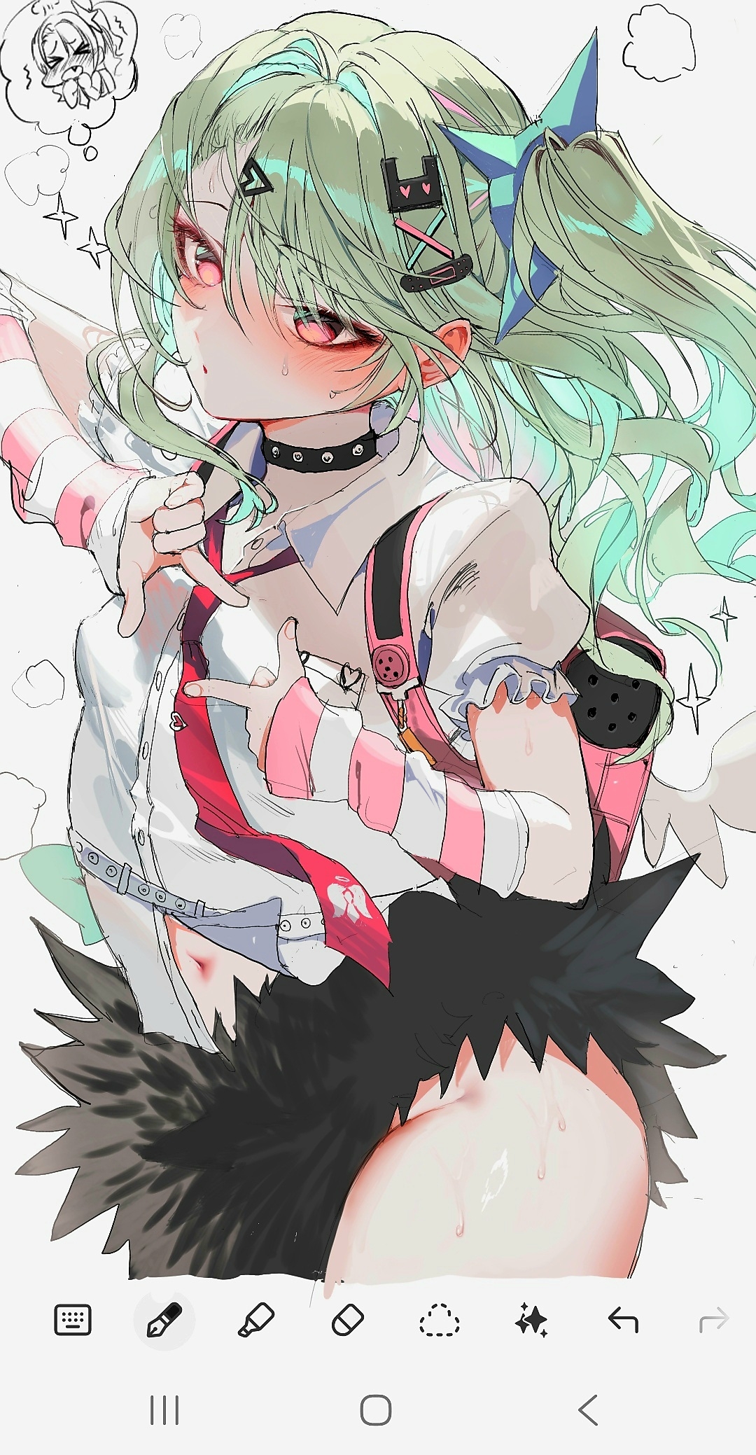 chinatsu remiel, zenless zone zero, commentary request, highres, 1girl, art program in frame, bandaid, bandaid hair ornament, black skirt, blush, breasts, collar, cowboy shot, fur-trimmed skirt, fur trim, green hair, hair intakes, hair ornament, long hair, multiple hair clips, navel, necktie, open mouth, pink arm warmers, pink bag, ponytail, red eyes, red necktie, shirt, simple background, skirt, small breasts, solo, sparkle, speech bubble, striped arm warmers, sweat, thought bubble, tonari no oji-san, white background, white shirt, winged bag